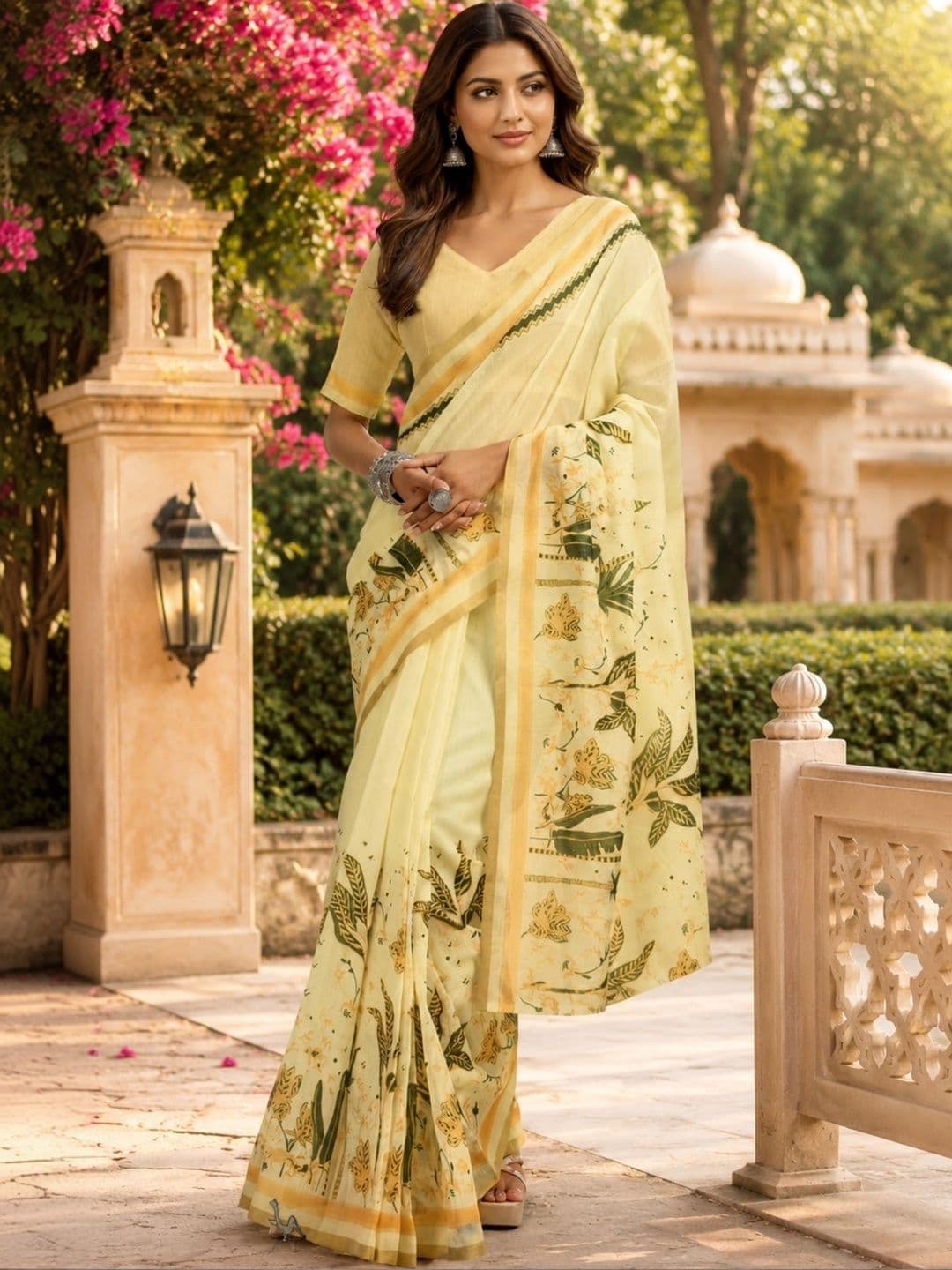 Sangria Cream Printed Chanderi Cotton Ready to Wear Saree - view 1