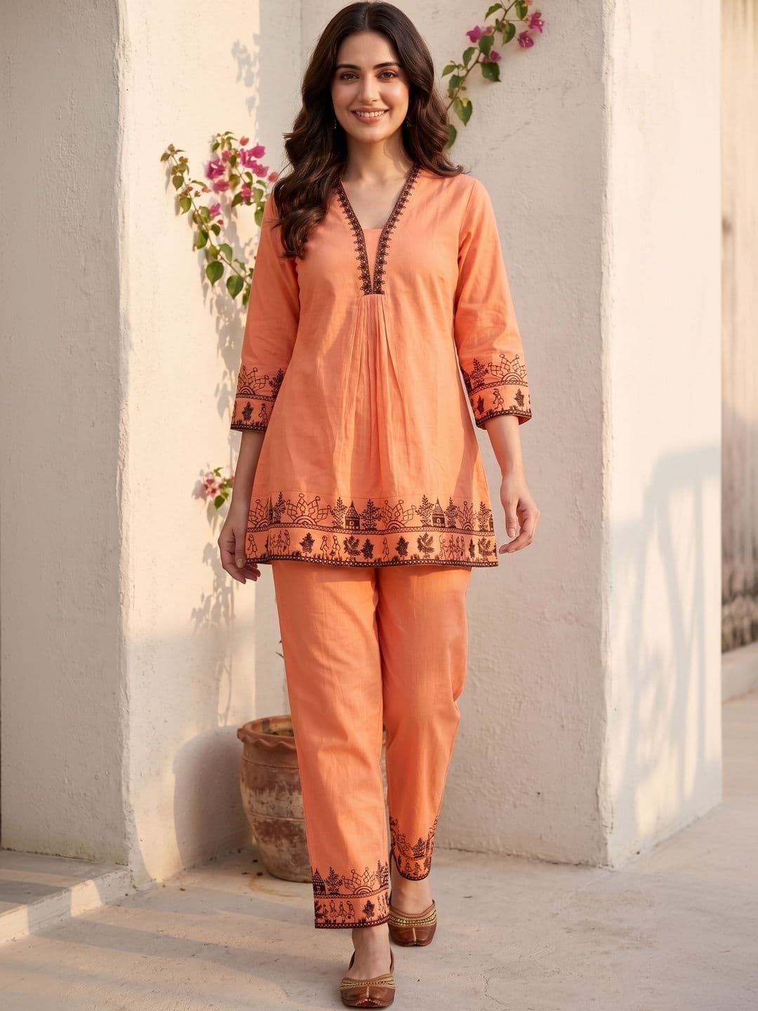 EVANORA Floral Cotton Embroidered Tunic with Palazzos - view 1