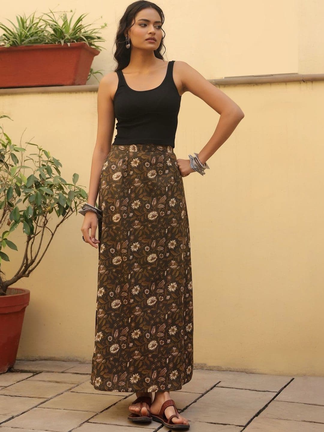 anayna Women Pure Cotton Cotton Cambric Floral Side Slit Maxi Straight Skirt - view 1
