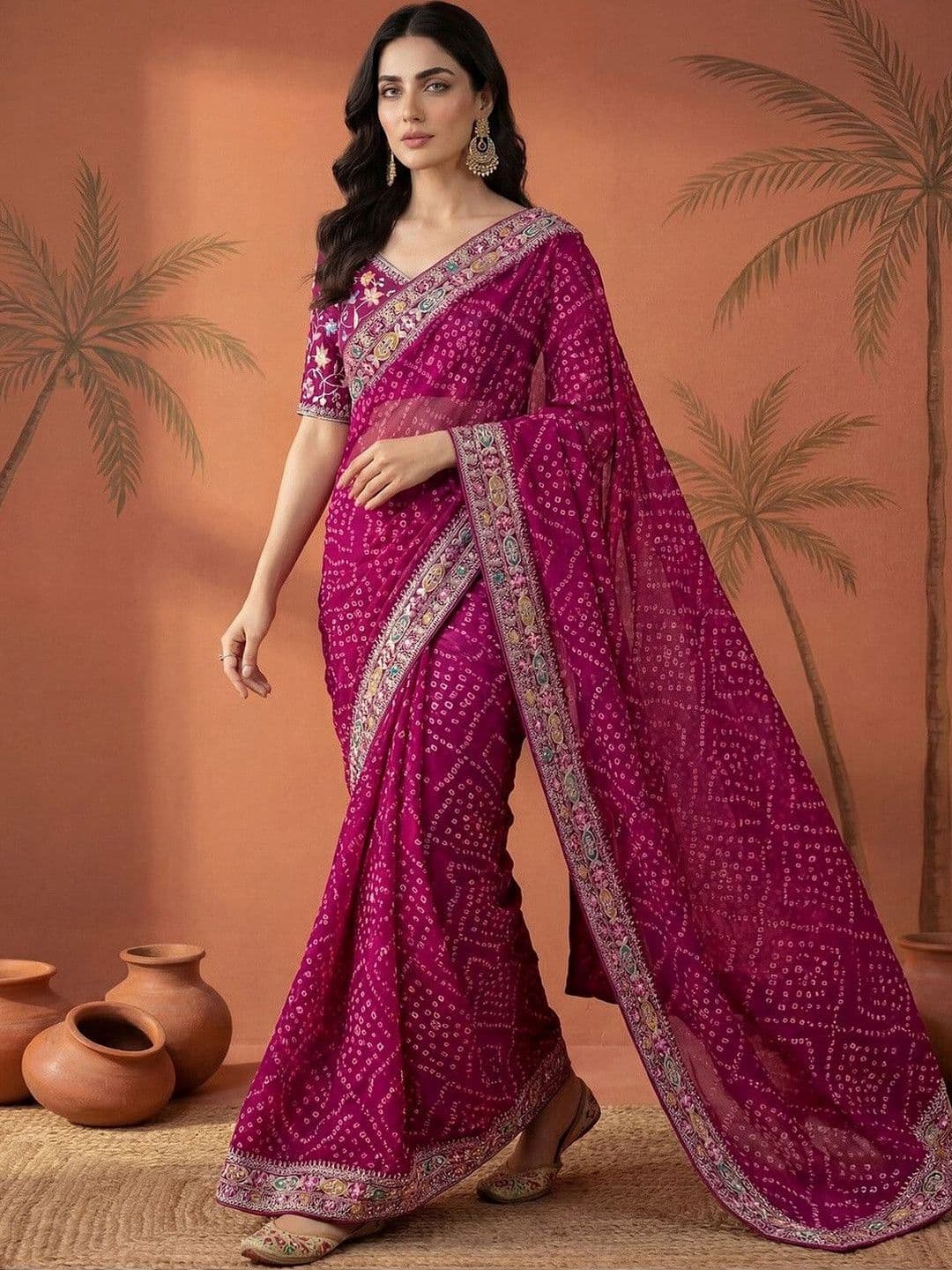 Sangria Bandhani Printed Festive Wear Sarees With Unstitched Blouse Piece - view 1