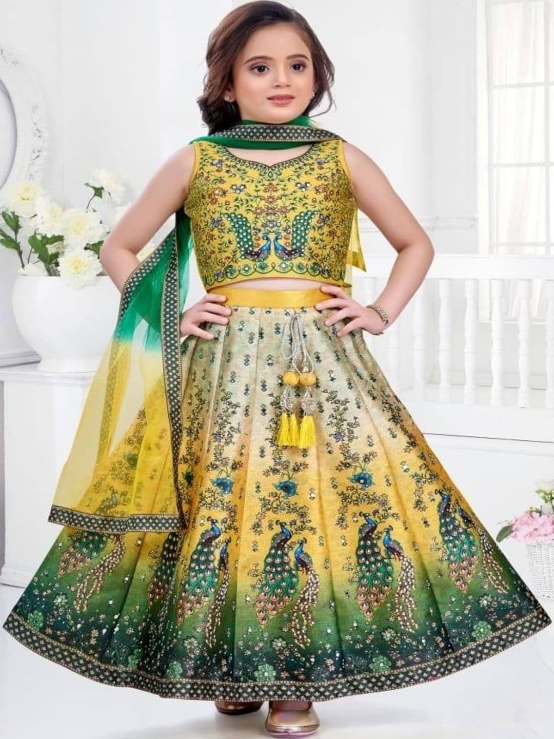 KL9KIDS Girls Embroidered Sequinned Tie and Dye Semi-Stitched Lehenga & Blouse With Dupatta - view 1