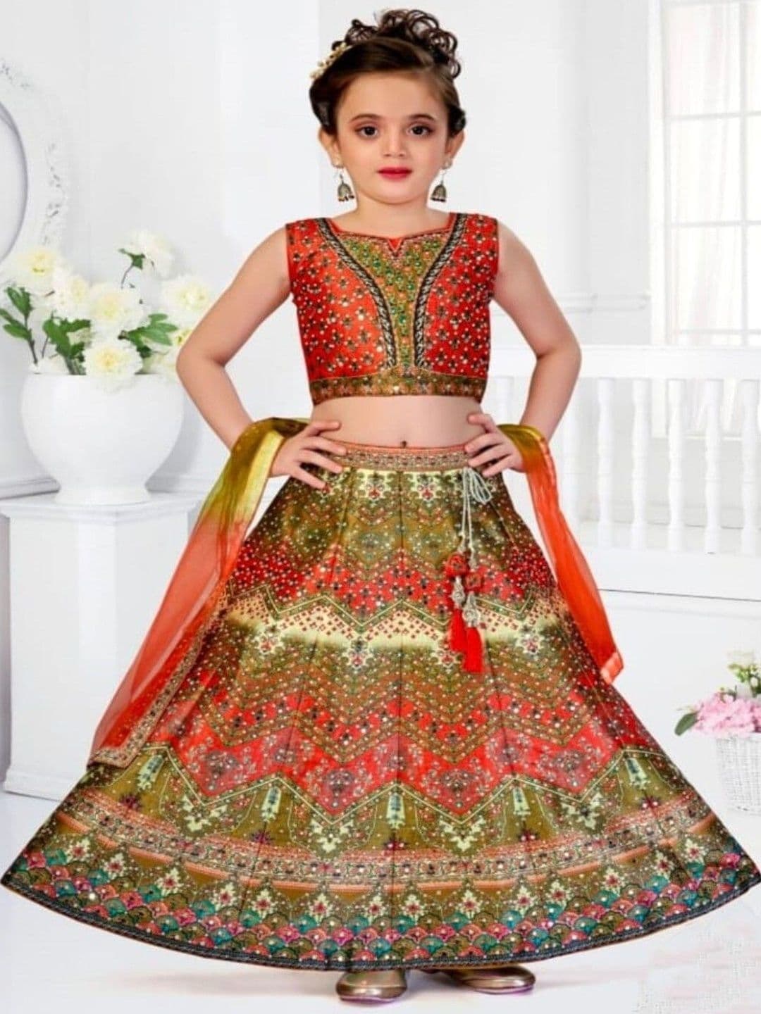 Sangria Girls Embellished Sequinned Tie and Dye Semi-Stitched Lehenga & Blouse With Dupatta - view 1