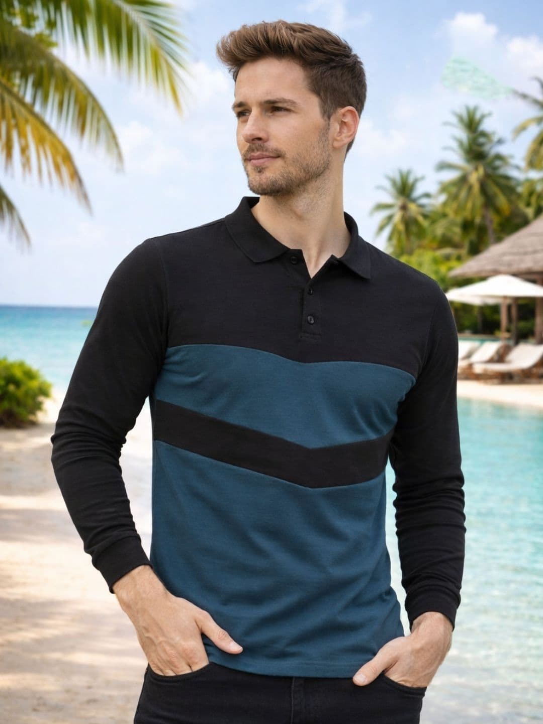 HERE&NOW Men Colourblocked Polo Collar T-shirt - view 1
