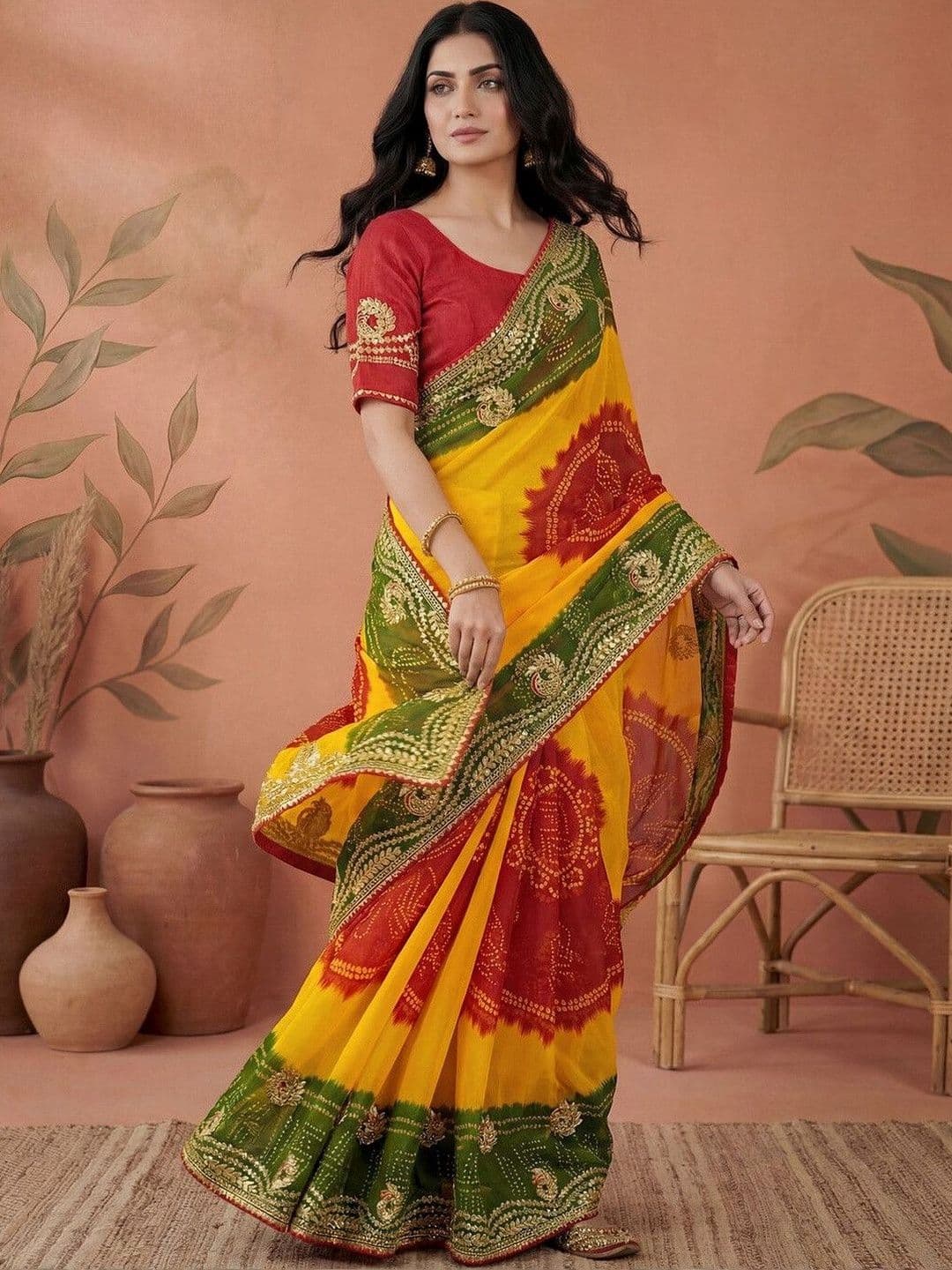 Sangria Bandhani Printed Embroidered Gota Lace Sarees With Unstitched Blouse Piece - view 1