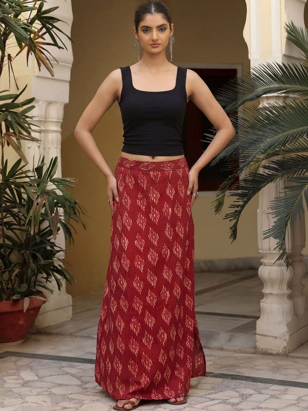 anayna Women Pure Cotton Cotton Cambric Abstract Side Slit Maxi Straight Skirt - view 1