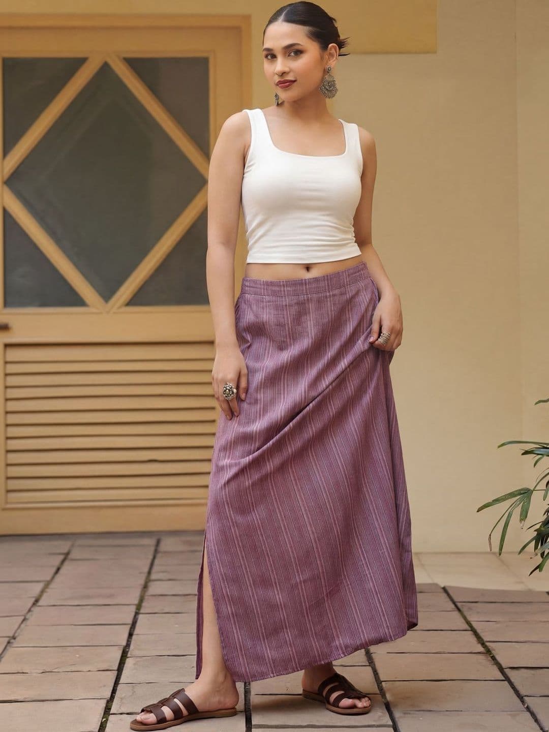 anayna Women Pure Cotton Cotton Cambric Striped Side Slit Maxi Straight Skirt - view 1