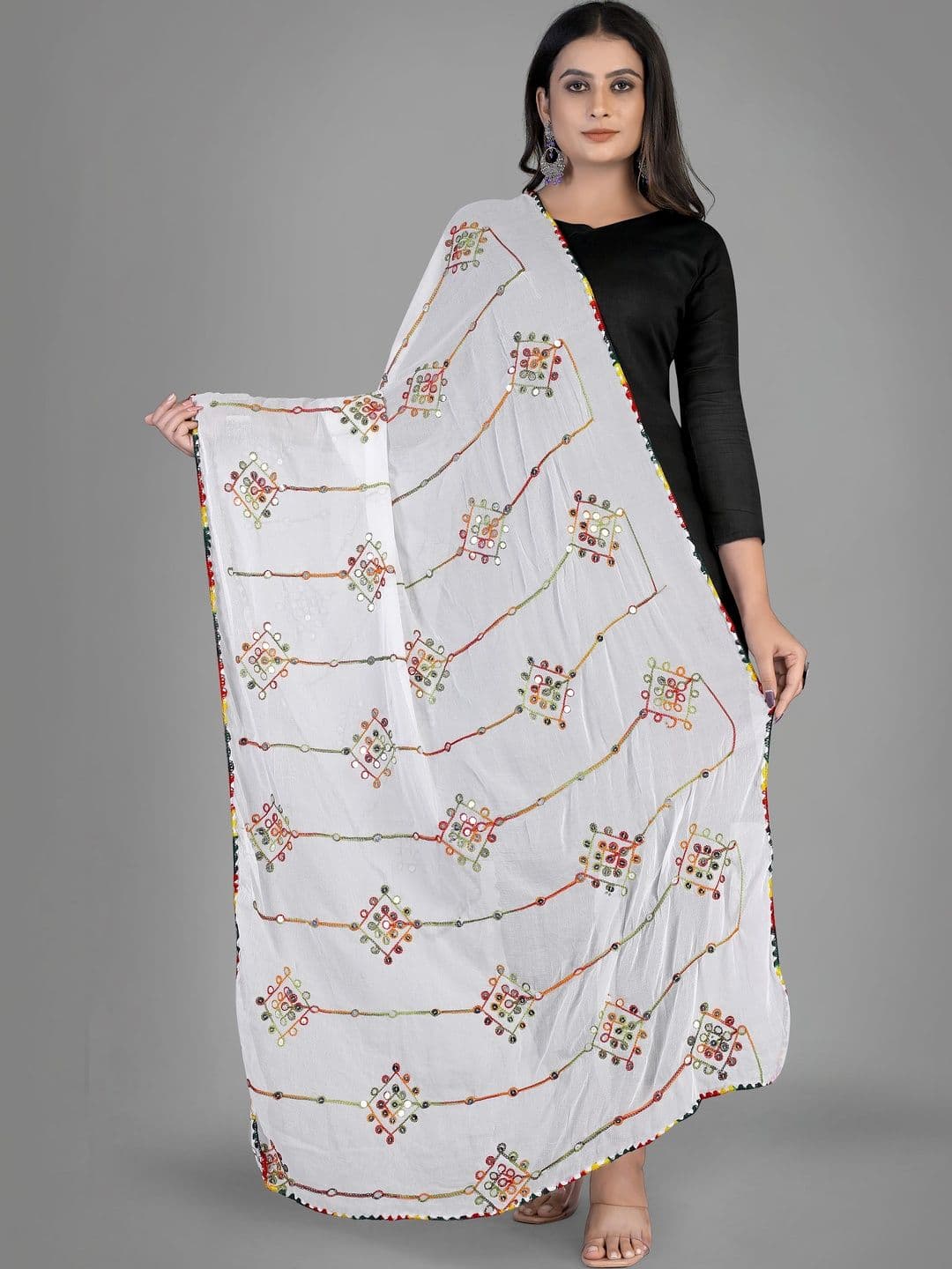 KALINI Ethnic Motifs Embroidered Bandhani Dupatta with Mirror Work - view 1