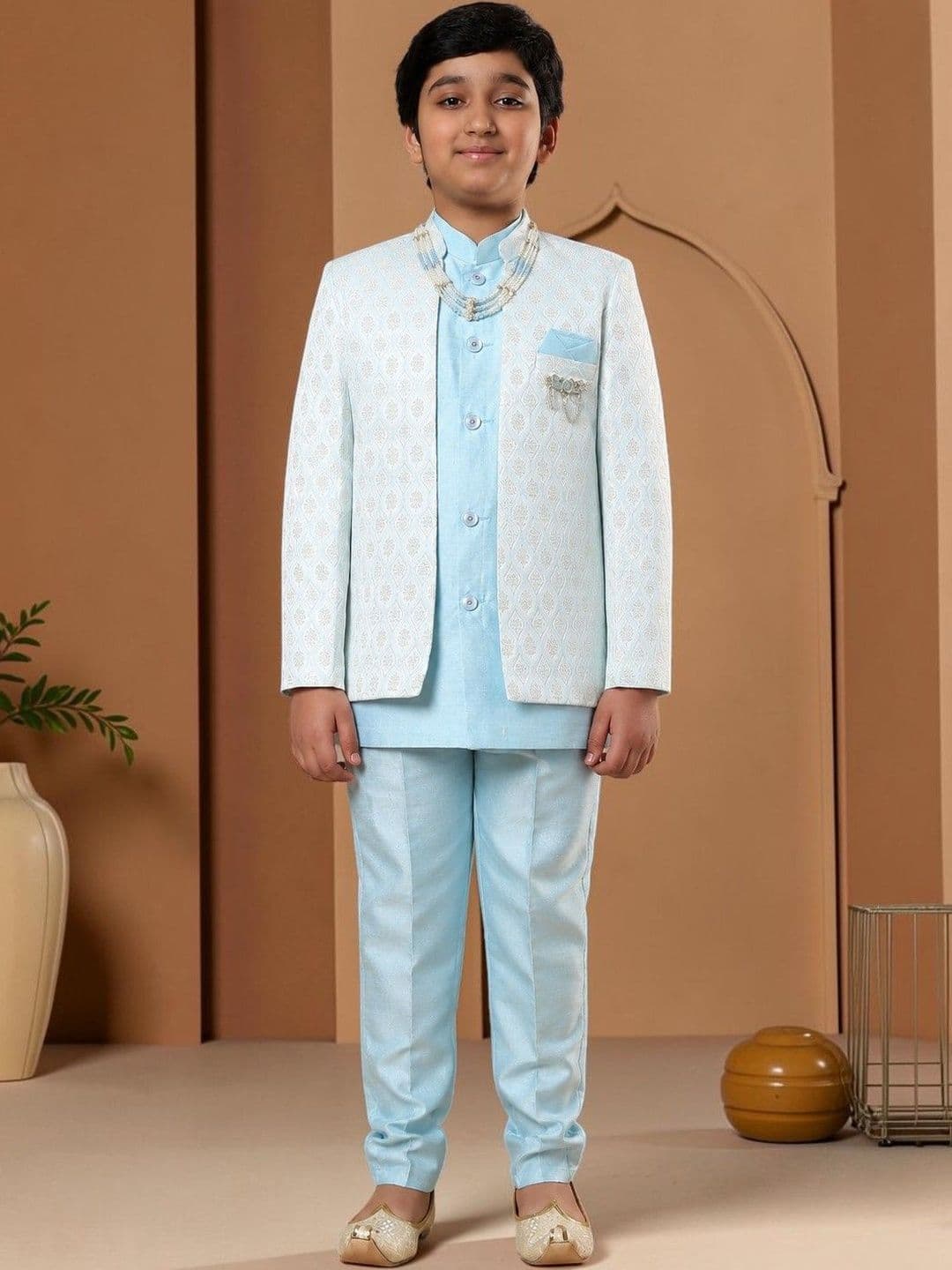 KALINI Boys Self Design Mandarin Collar Sherwani