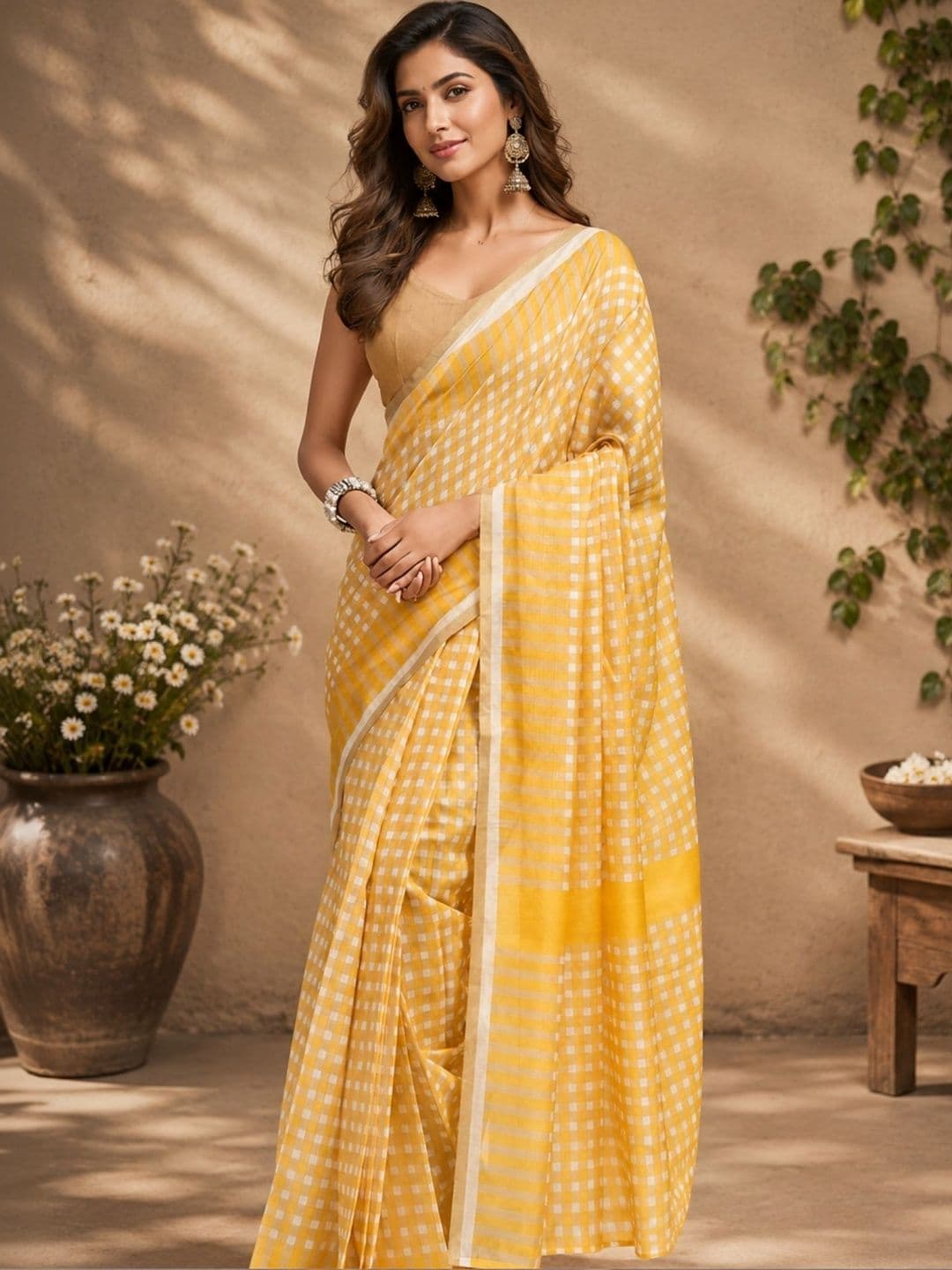 Sangria Yellow Printed Chanderi Cotton Ready to Wear Saree - view 1