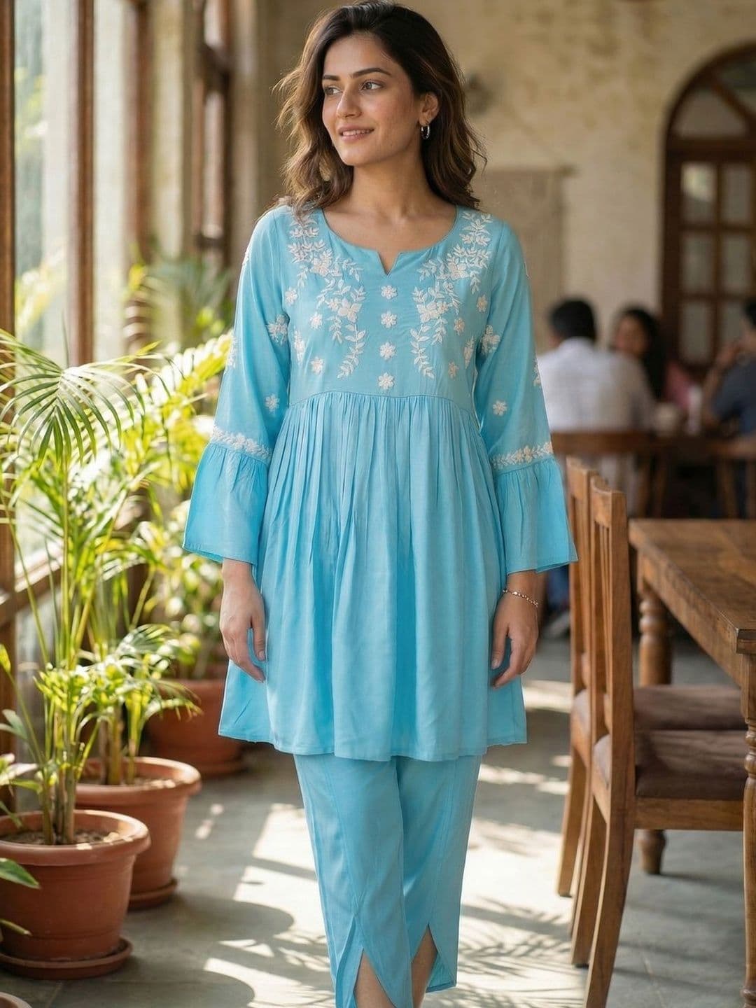 The Suitable Floral Embroidered Tunic with Trousers - view 1