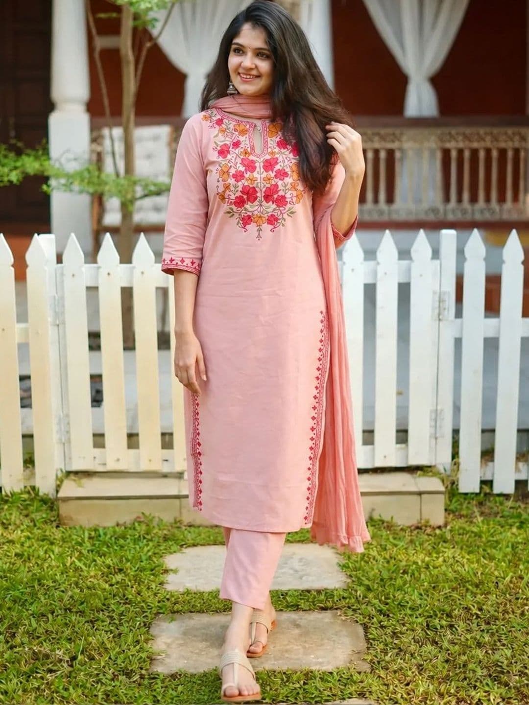 GoSriKi Women Floral Embroidered Regular Thread Work Kurta with Trousers & With Dupatta - view 1
