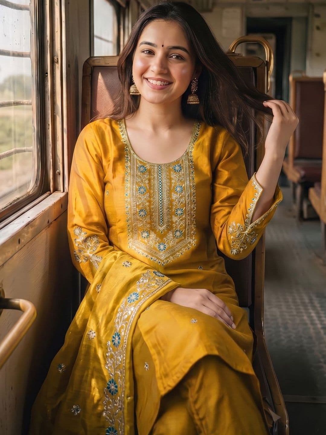 Lady charm Embroidered Round Neck Thread Work Kurta With Trousers & Dupatta - view 1