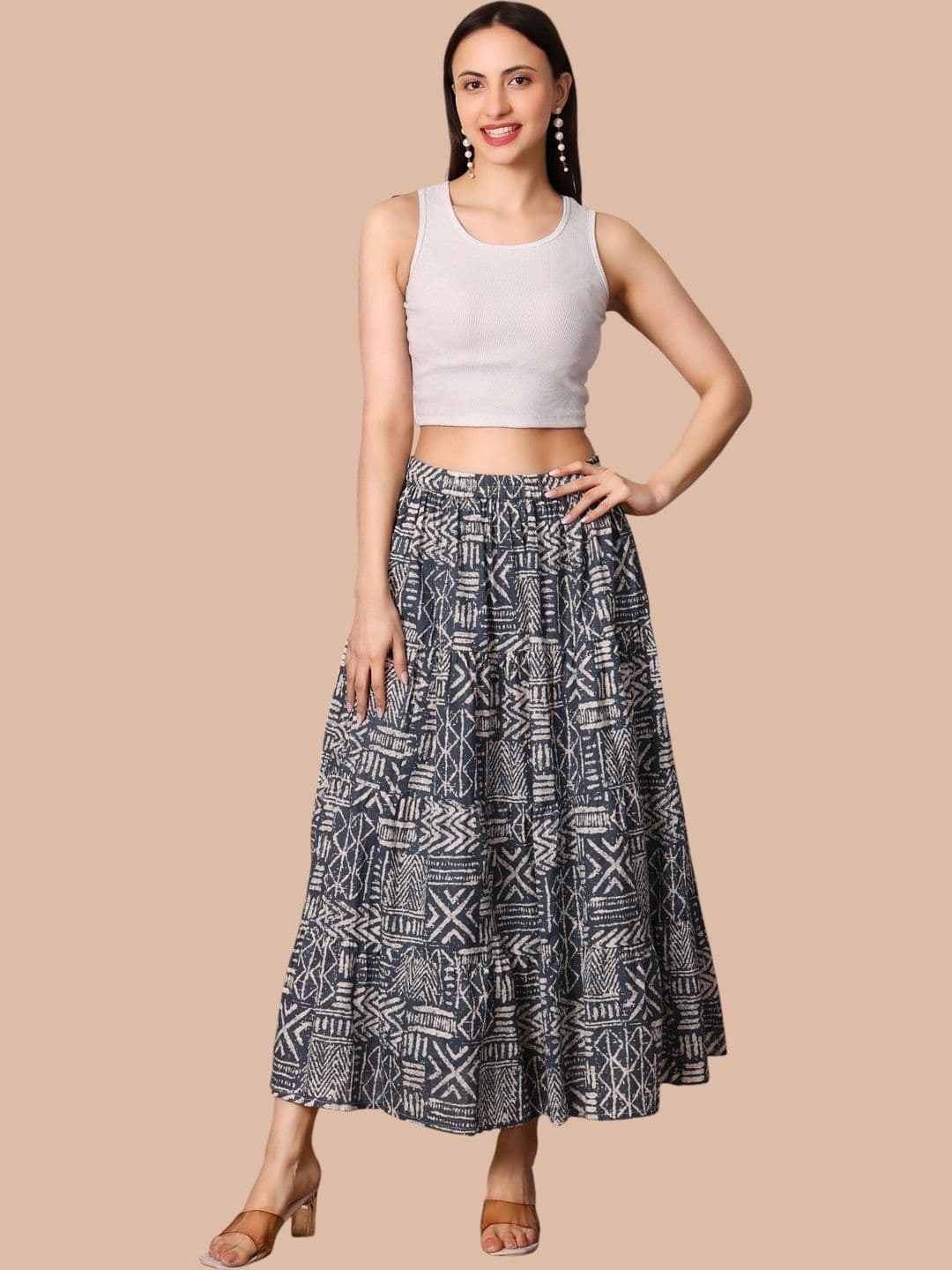 Taziraa Women Pure Cotton Blend Geometric Maxi Flared Skirt - view 1