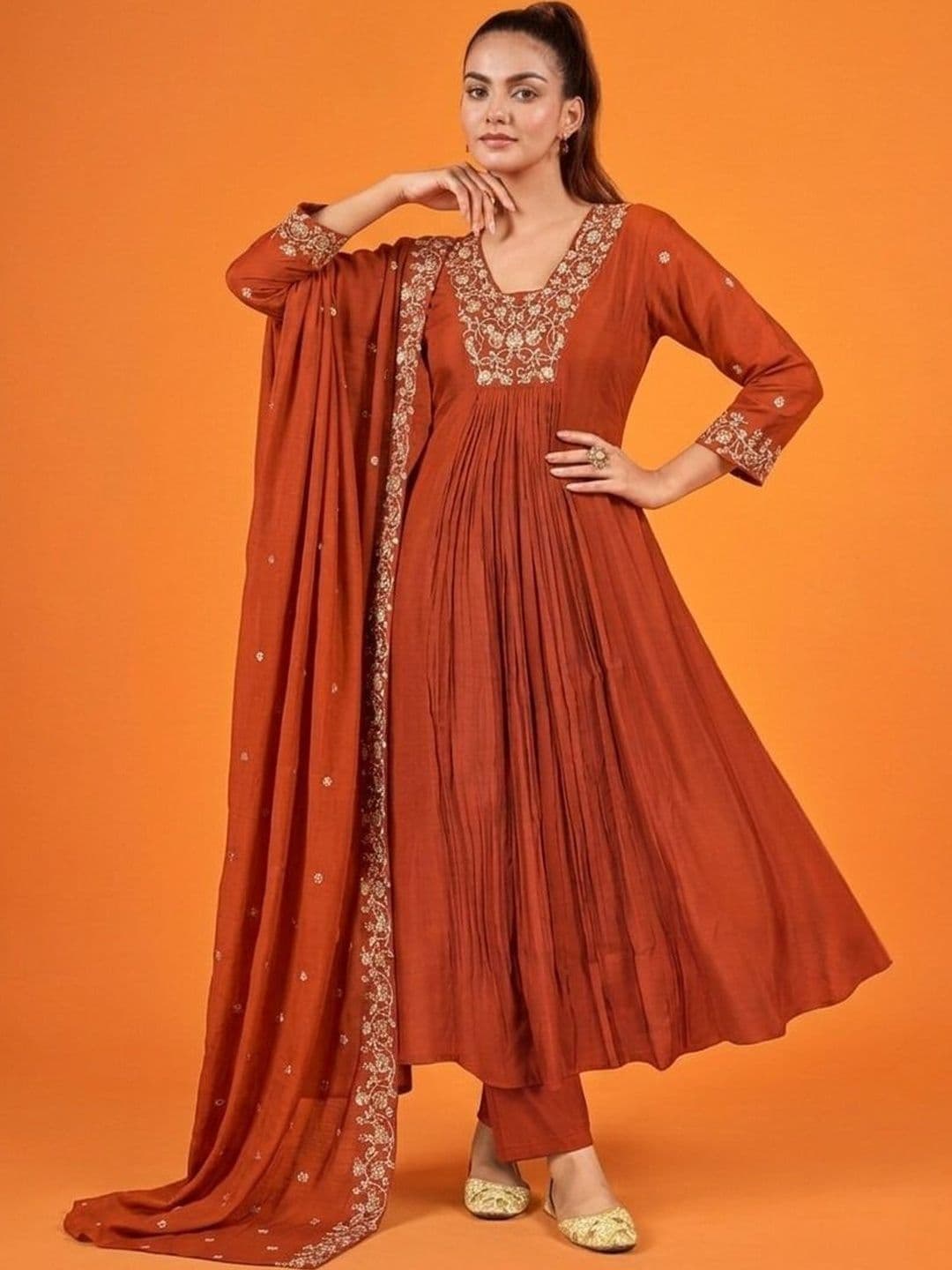 Sangria Women Ethnic Motifs Embroidered Pleated Thread Work Kurta with Trousers & With Dupatta - view 1