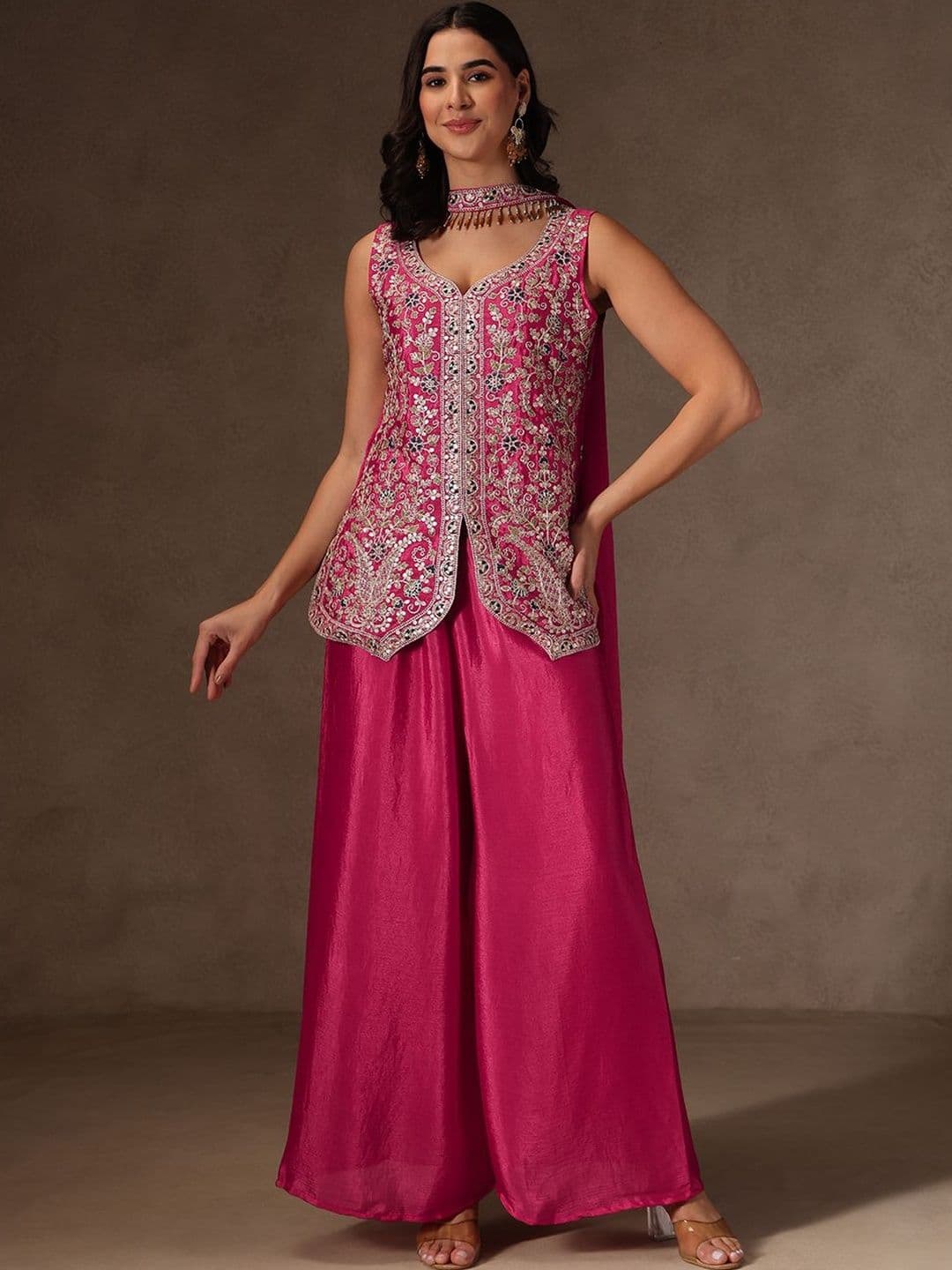 ZAIERRA Women Ethnic Motifs Embroidered Regular Thread Work Silk Chiffon Kurta with Palazzos & With Dupatta - view 1