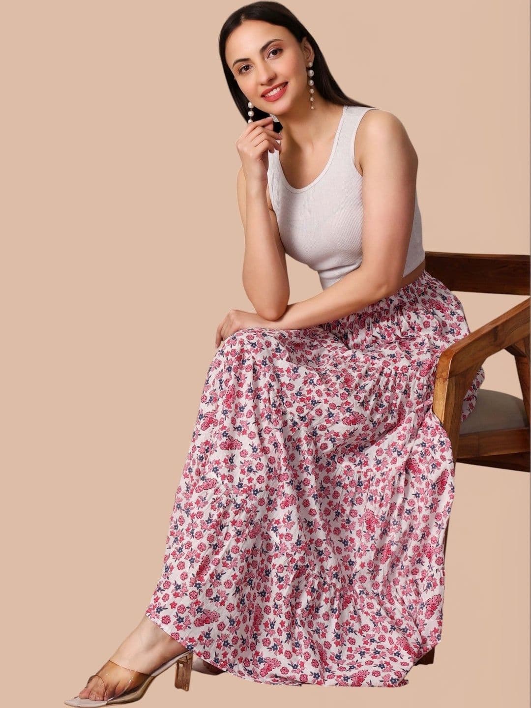 Taziraa Women Pure Cotton Blend Floral Maxi Flared Skirt - view 1