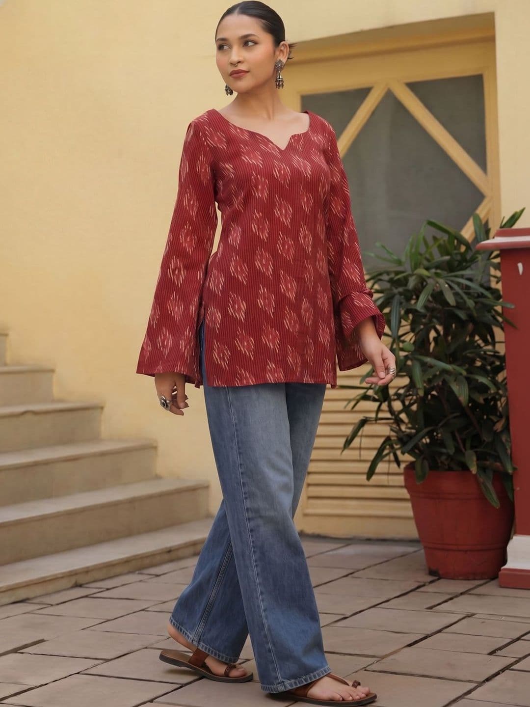 anayna Printed V-Neck Flared Sleeves Pure Cotton Kurti - view 1