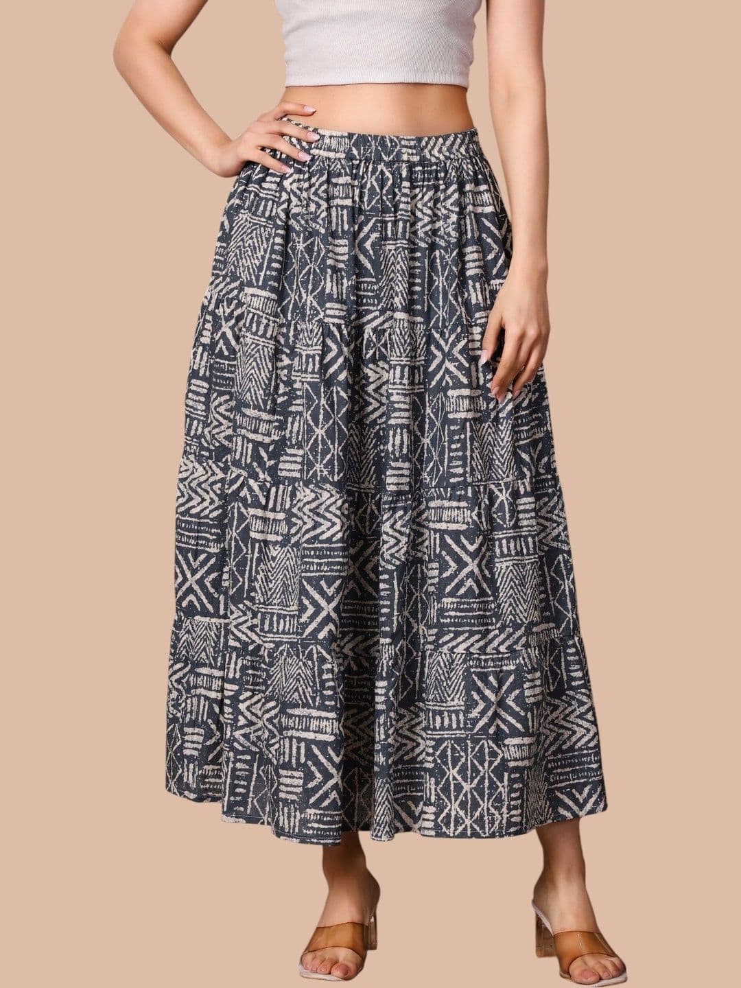 Sangria Women Pure Cotton Blend Abstract Tribal or Aztec Print Maxi Flared Skirt - view 1