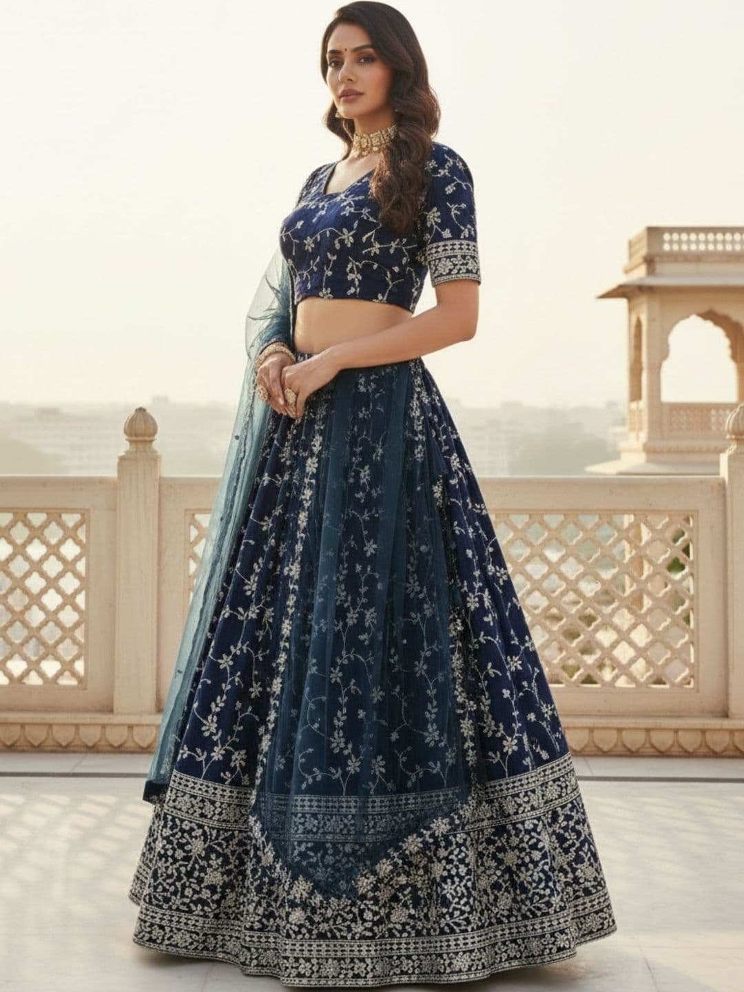 JIHU CULTURE Embroidered Thread Work Semi-Stitched Lehenga & Blouse With Dupatta - view 1
