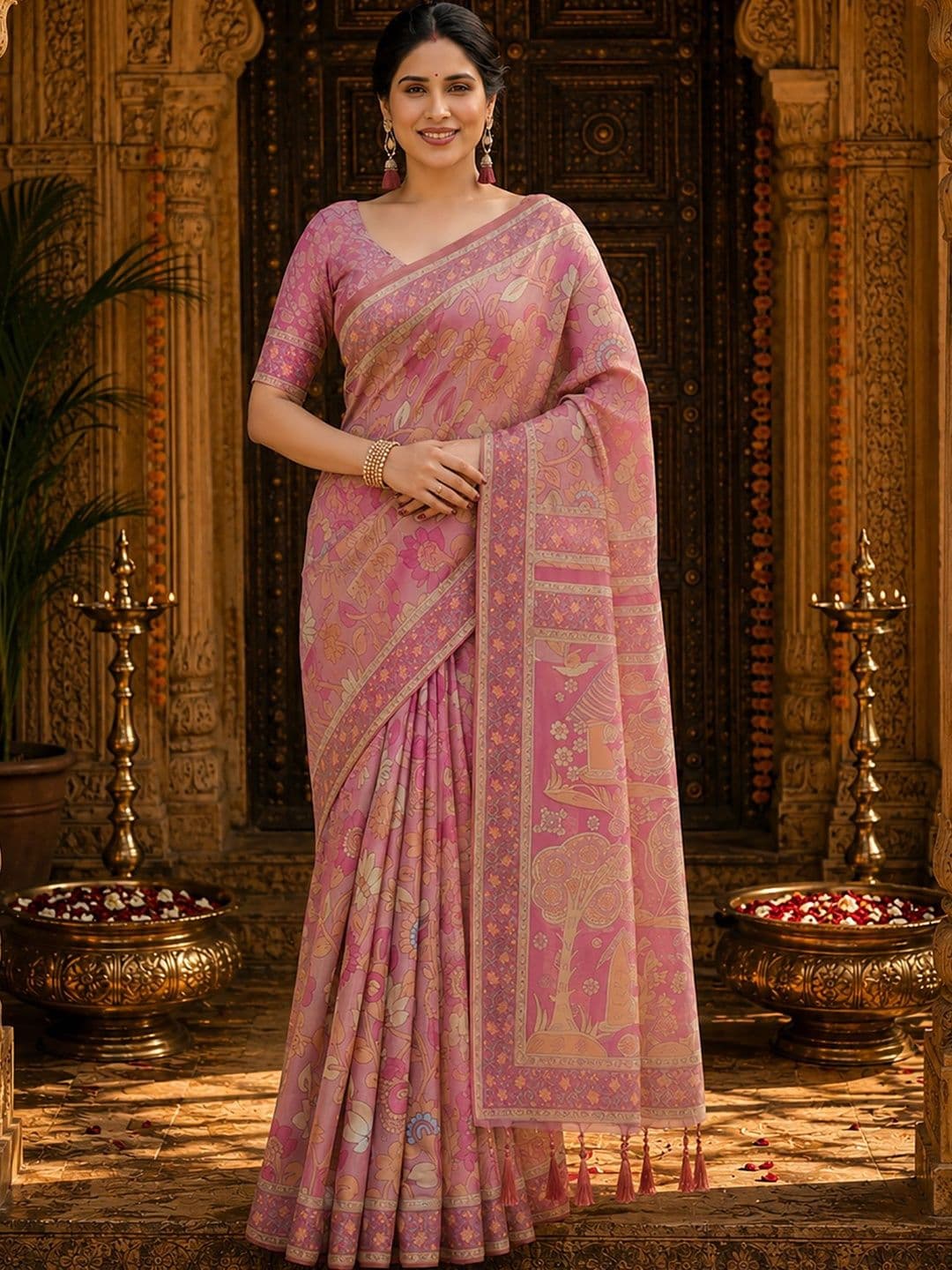 KALINI Ethnic Motifs Linen Blend Handloom Block Print Saree - view 1