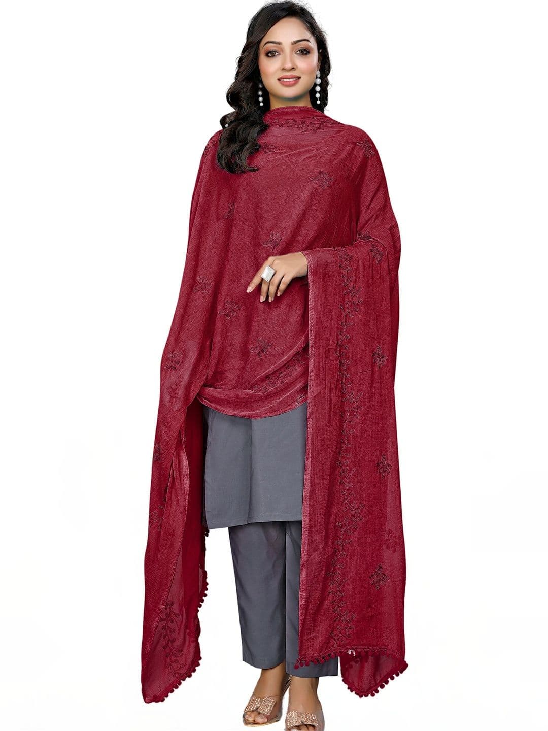 KALINI Ethnic Motifs Embroidered Foil Print Dupatta with Thread Work - view 1