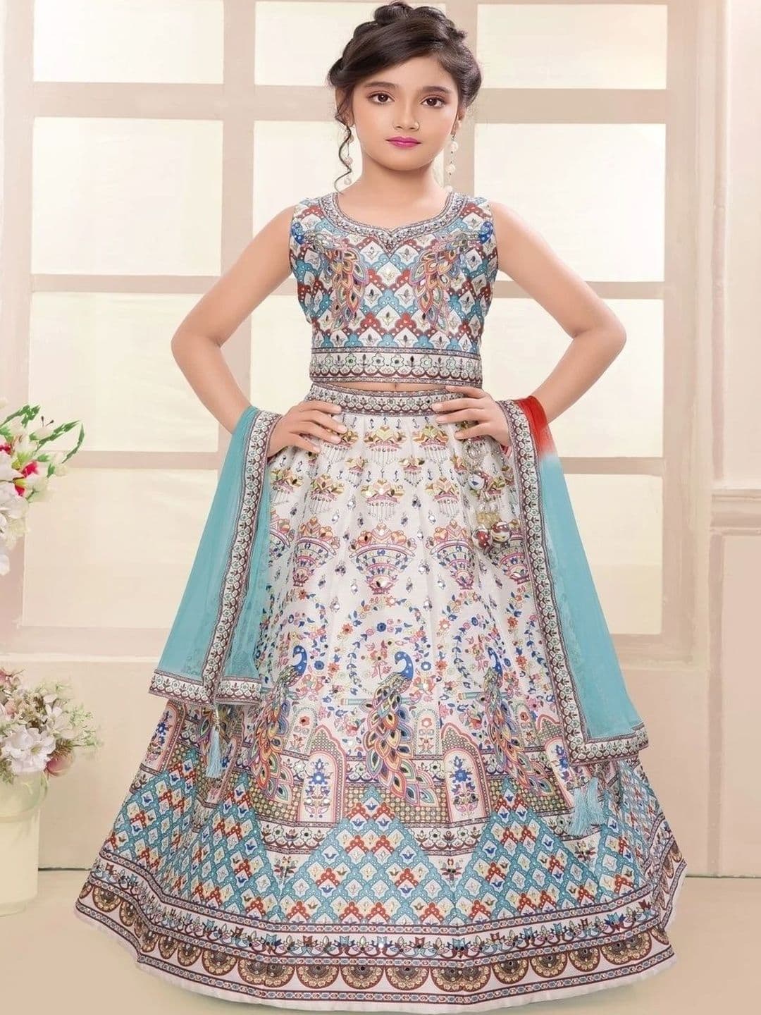 NKV Girls Embroidered Mirror Work Tie and Dye Semi-Stitched Lehenga & Blouse With Dupatta - view 1