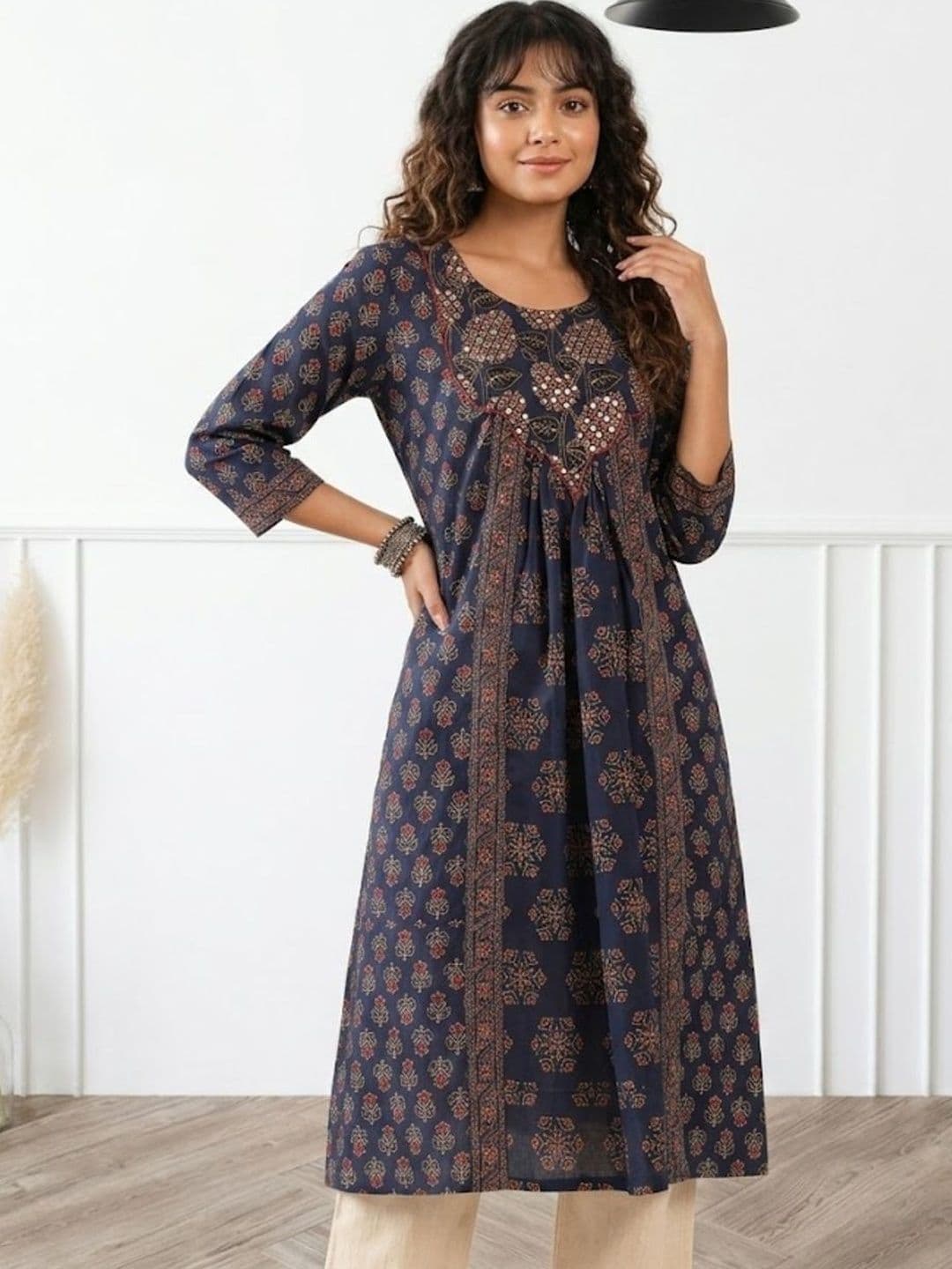 HERE&NOW Women Ethnic Motifs Printed Mirror Work Indie Prints Kurta - view 1