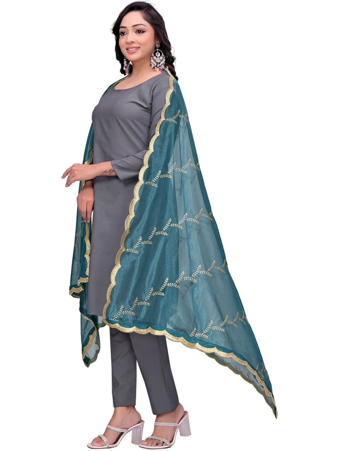 KALINI Embroidered Organza Leheriya Dupatta with Thread Work - view 1