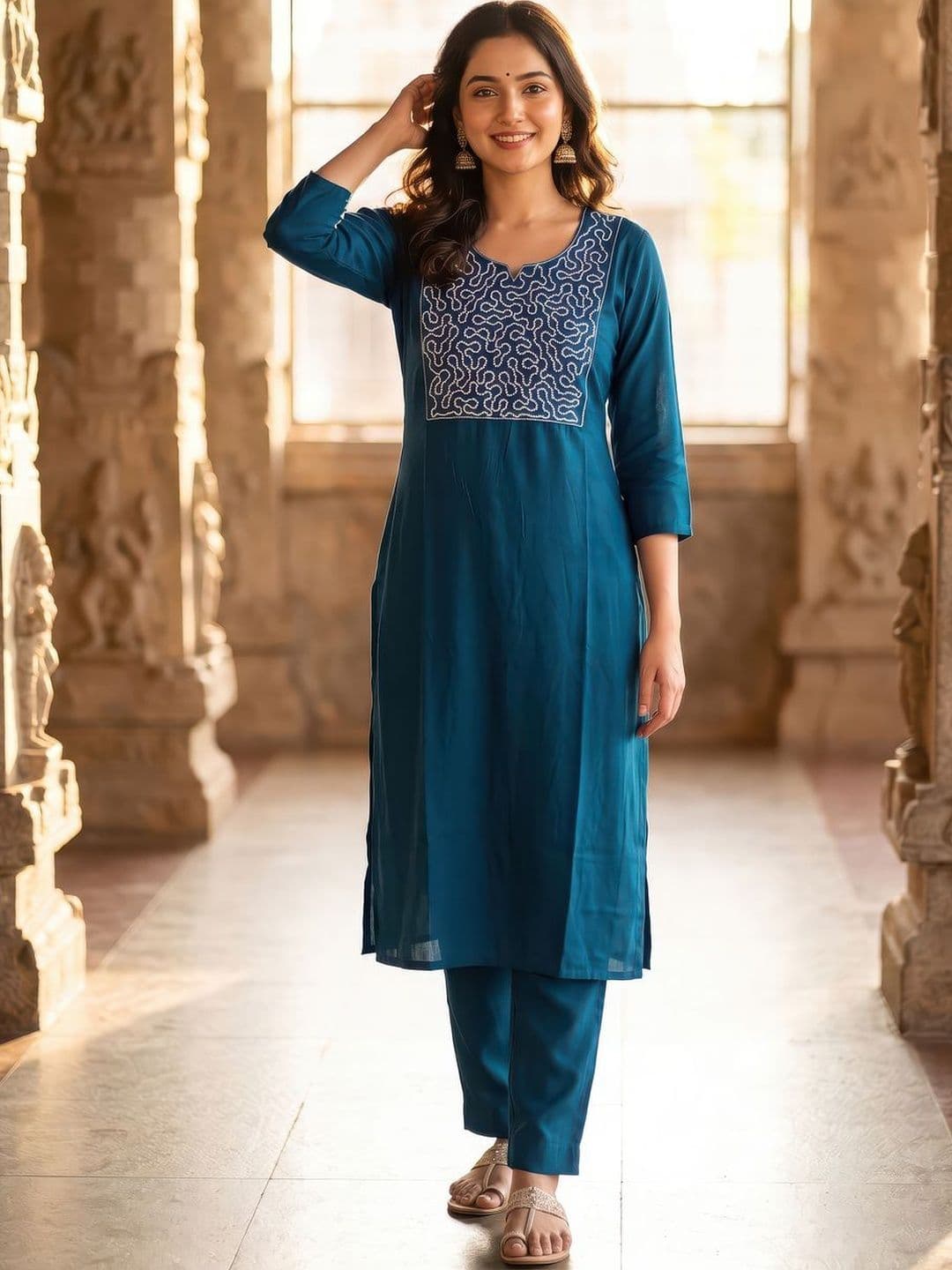 Lady charm Women Ethnic Motifs Embroidered Regular Thread Work Kurta with Trousers - view 1