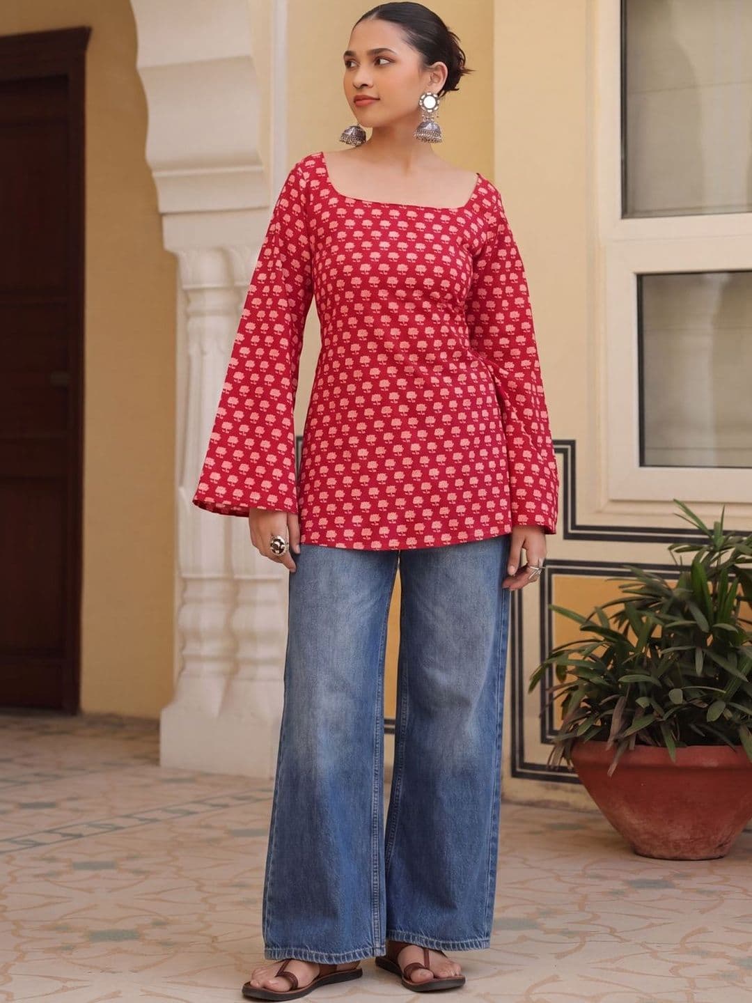 anayna Botanical Printed Square Neck Flared Sleeves Pure Cotton Kurti - view 1