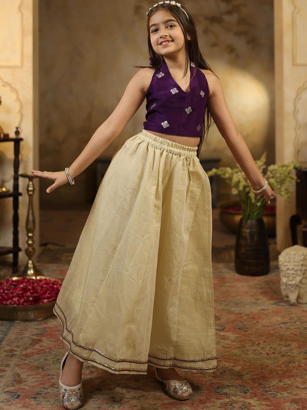 House Of Pataudi Girls Ready To Wear Brocade High Low Top And Lehenga - view 1