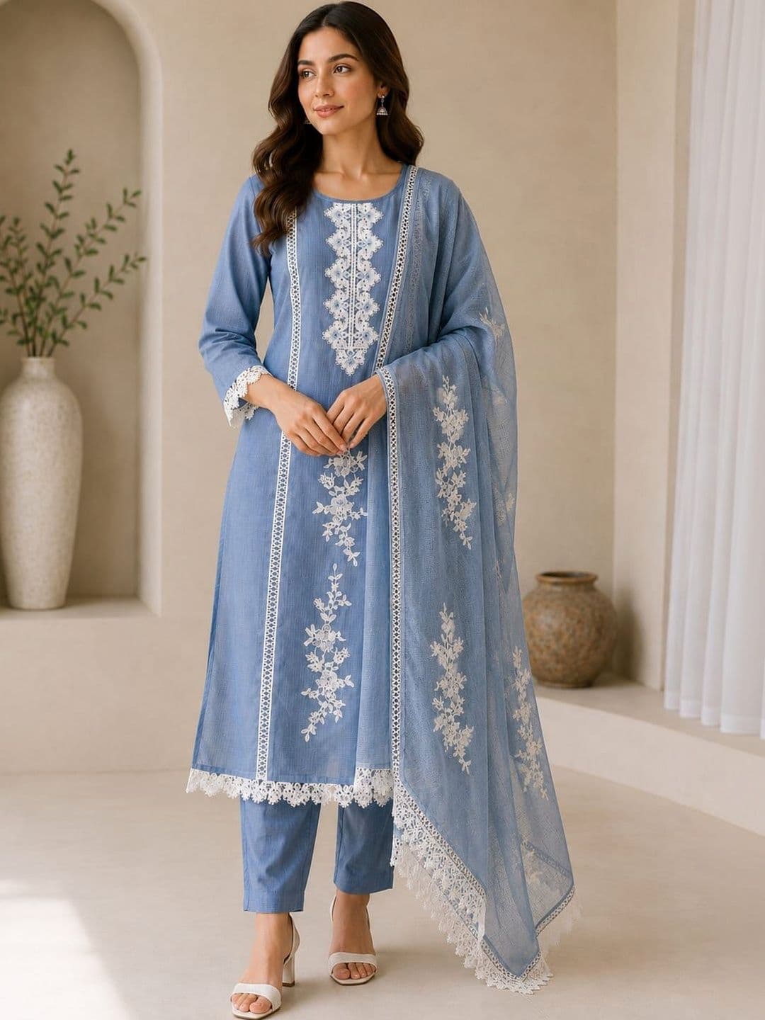 Nehaa Elegance Women Ethnic Motifs Embroidered Work Kurta with Trousers & With Dupatta - view 1