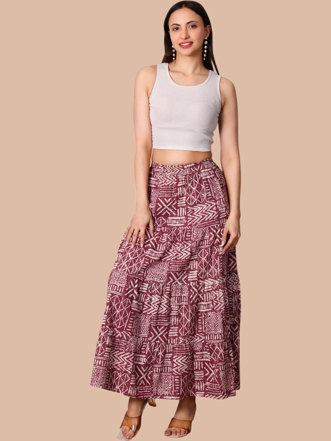 Taziraa Women Pure Cotton Blend Graphic Maxi Flared Skirt - view 1