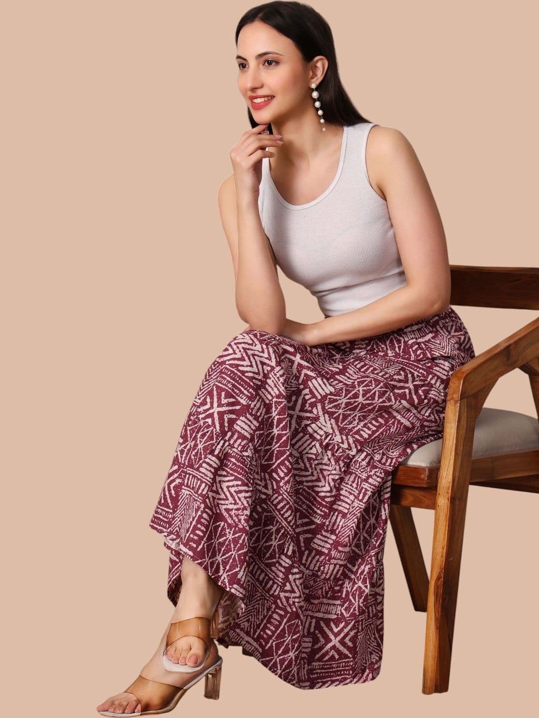 Taziraa Women Pure Cotton Blend Abstract Tribal or Aztec Print Maxi Tiered Skirt - view 1