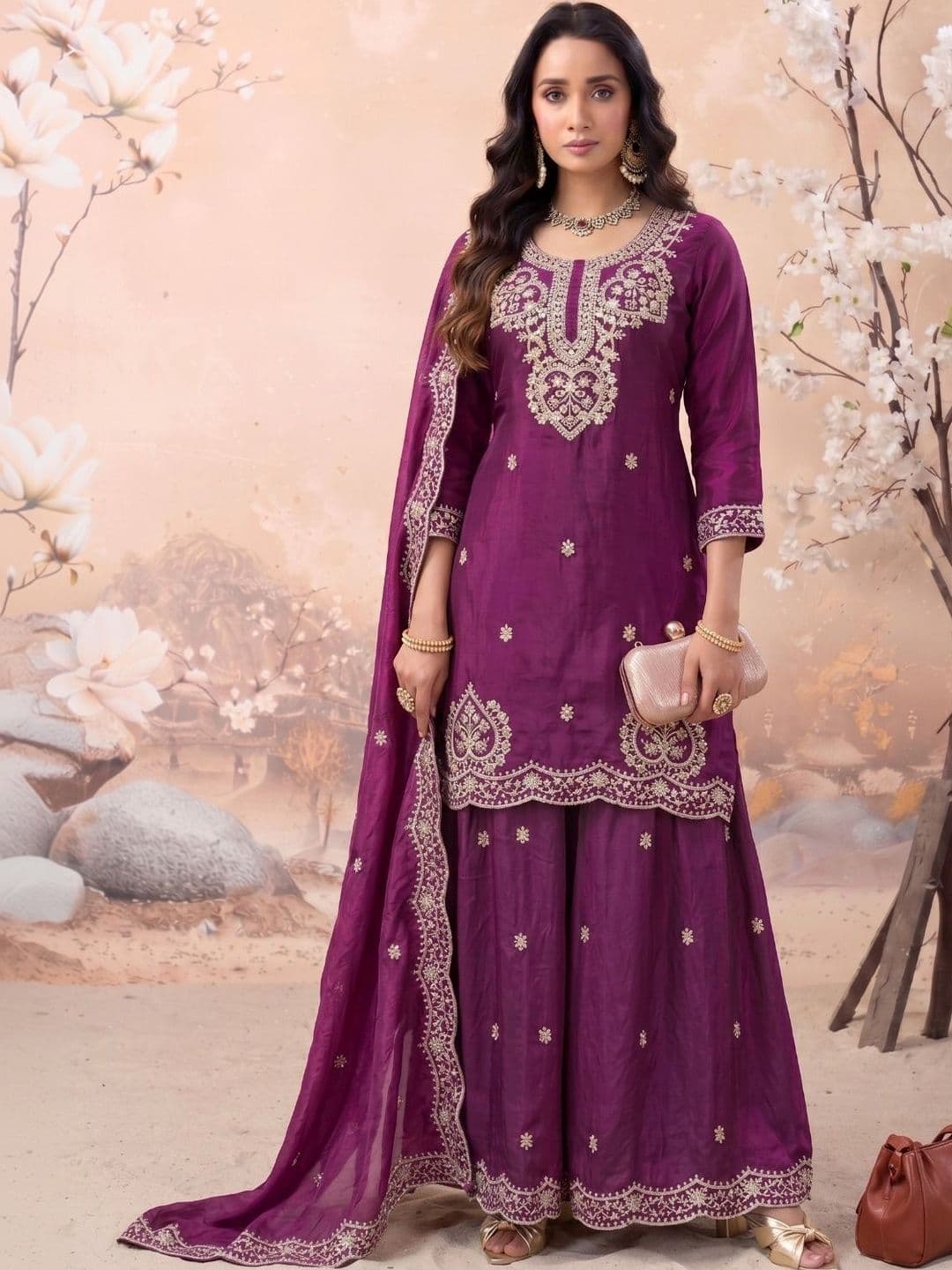 Sangria Women Ethnic Motifs Embroidered Regular Thread Work Kurta with Sharara & With Dupatta - view 1