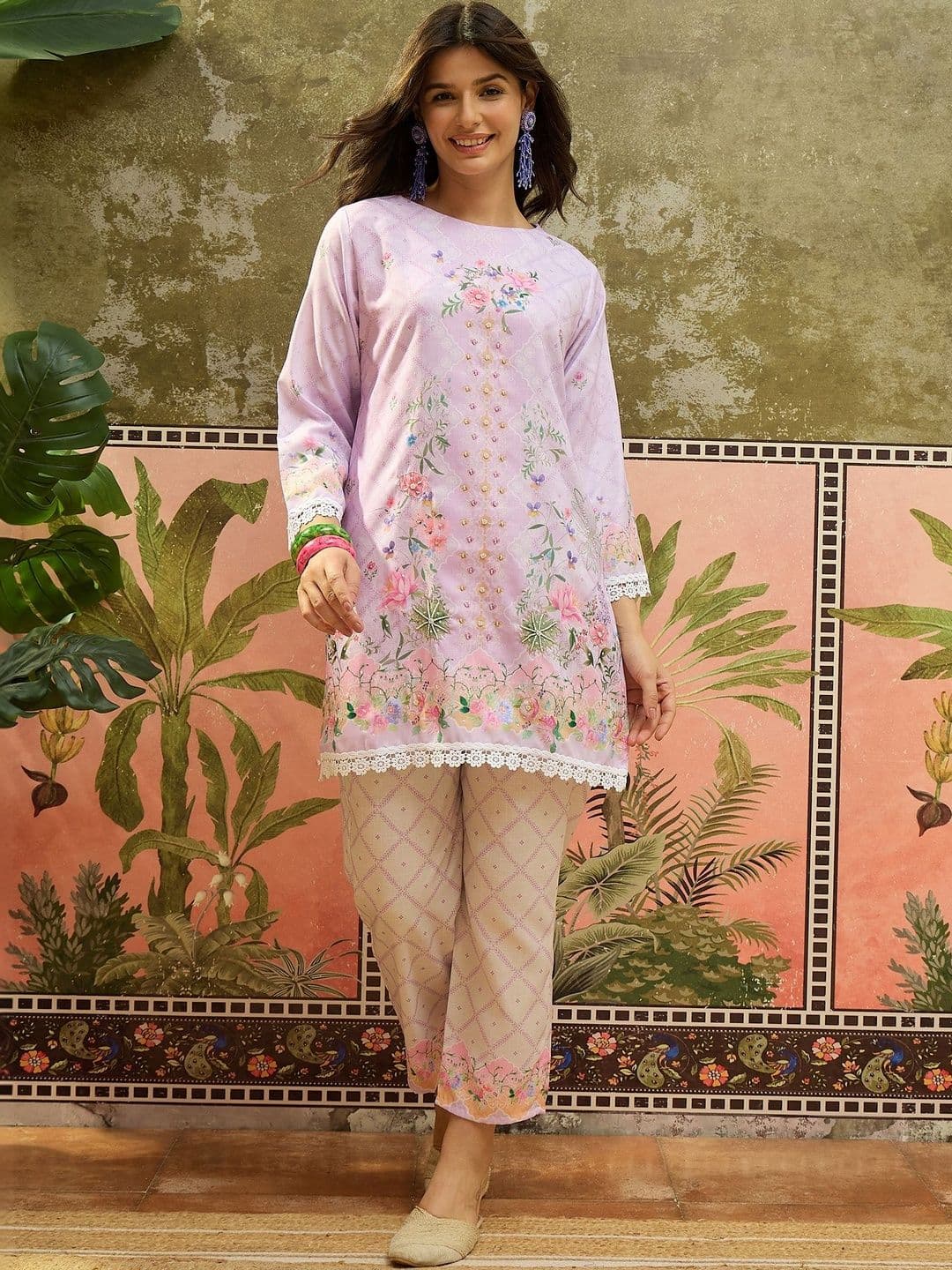 Sangria Floral Linen Printed Tunic with Trousers - view 1