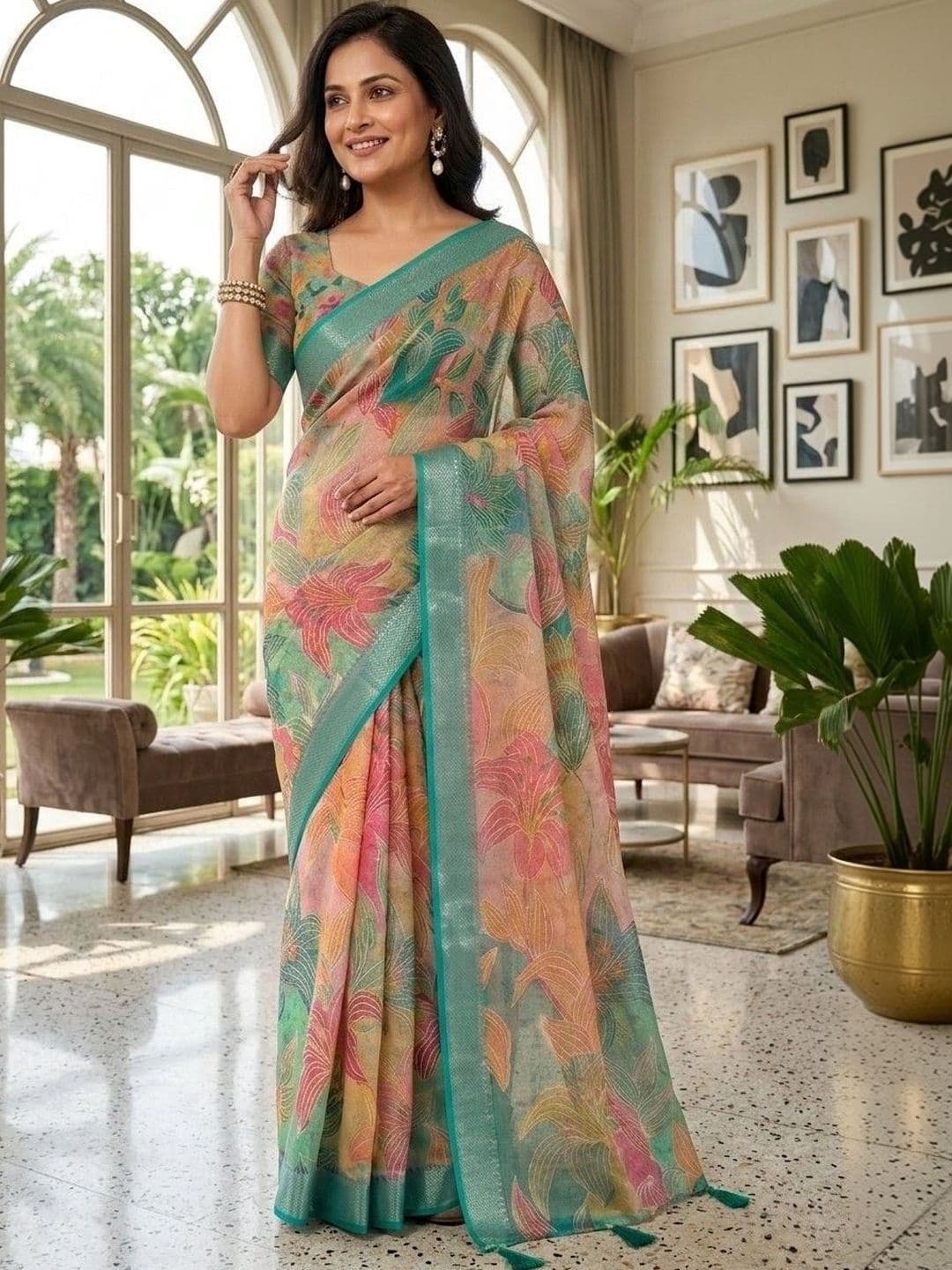 HERE&NOW Floral Cotton Blend Bhagalpuri Saree - view 1