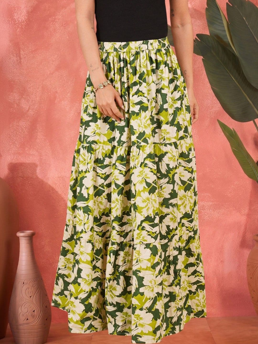 Sangria Women Pure Cotton Floral Maxi Tiered Skirt - view 1