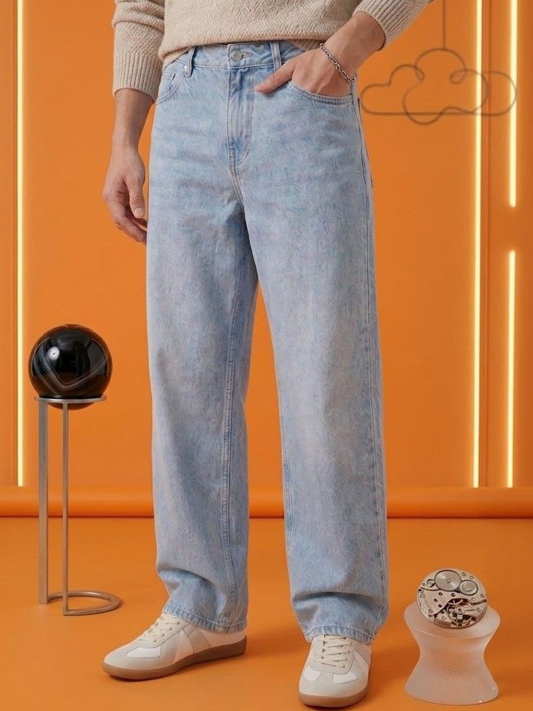 NIFFER FASHION Men Wide Leg Mid-Rise Light Fade Applique Jeans - view 1