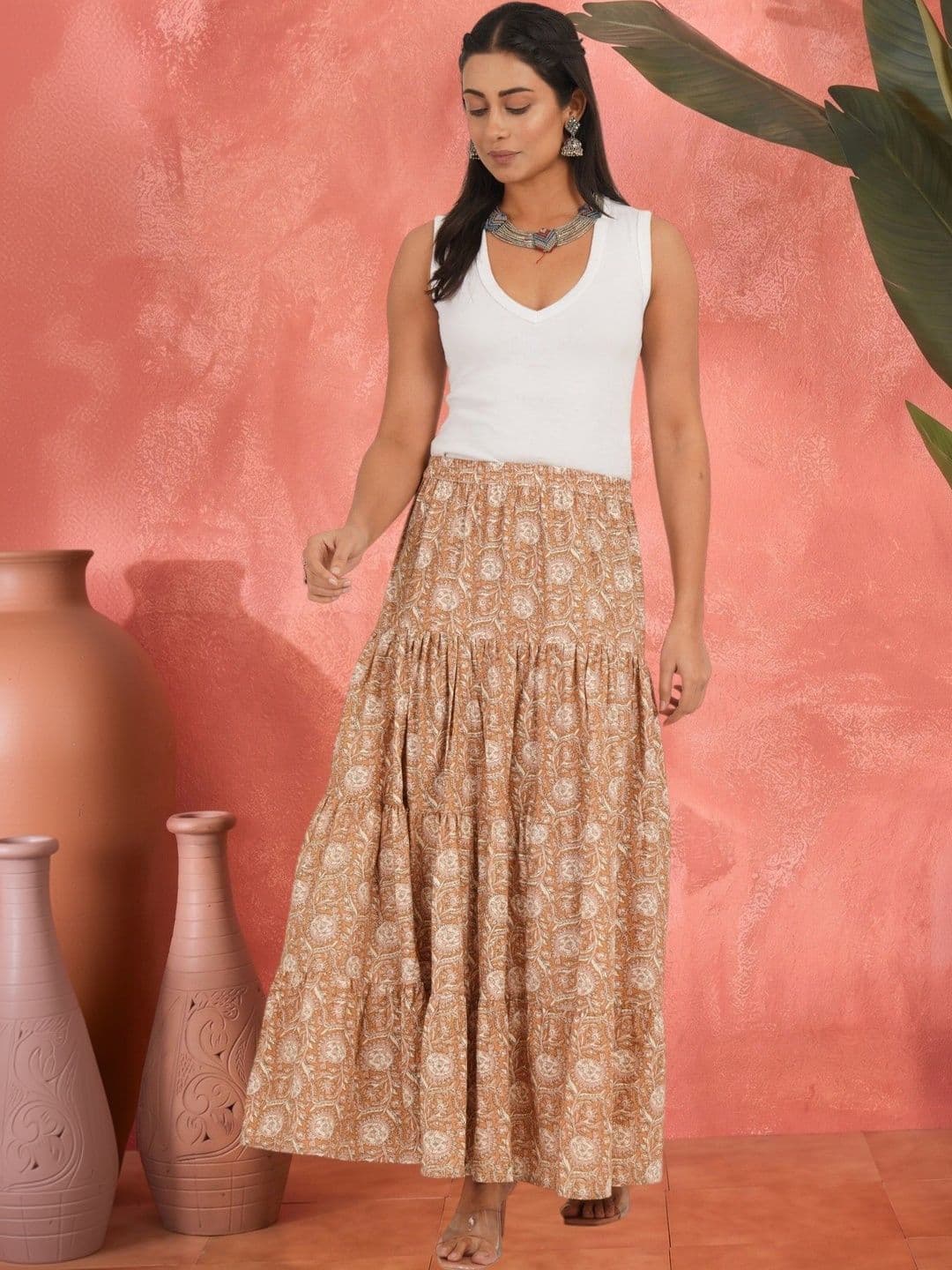 Sangria Women Pure Cotton Cotton Cambric Floral Maxi Tiered Skirt - view 1