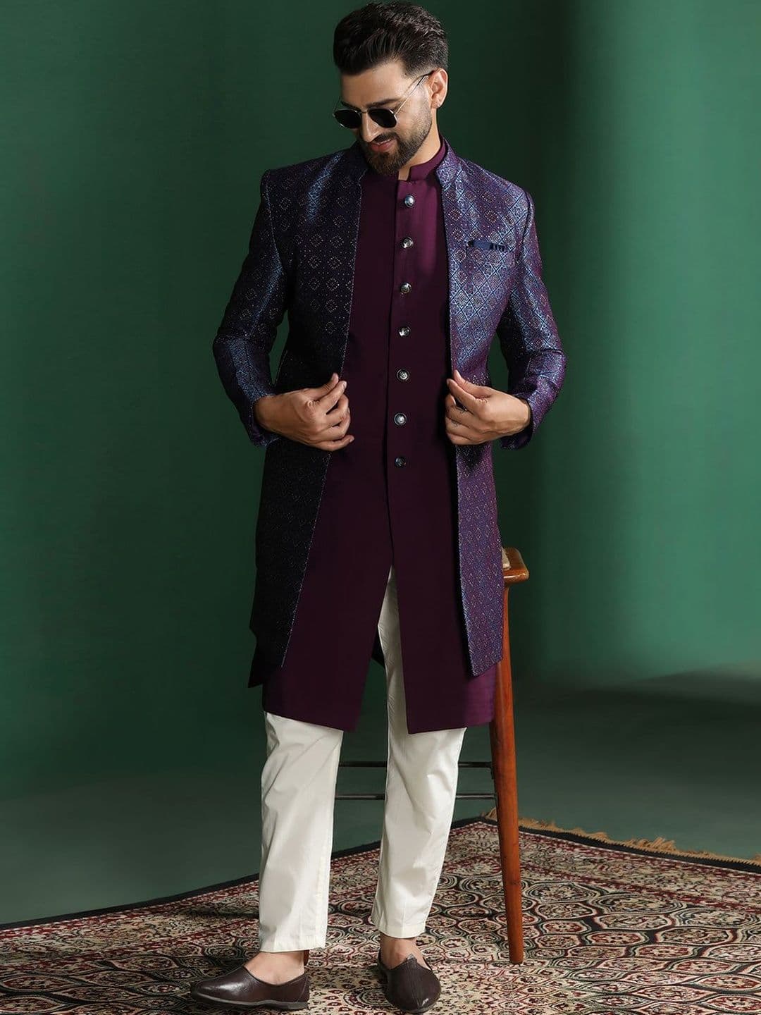SOURAGYA Embroidered Mandarin Collar Sherwani
