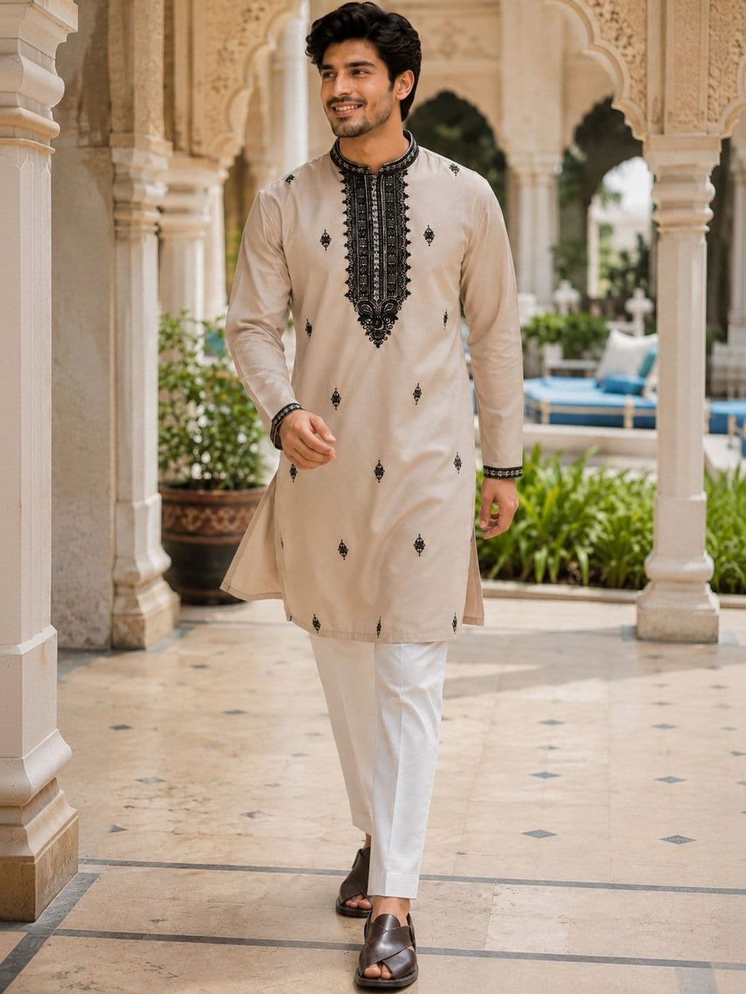 House of Pataudi Embroidered Mandarin Collar Knee Length Straight Kurta - view 1