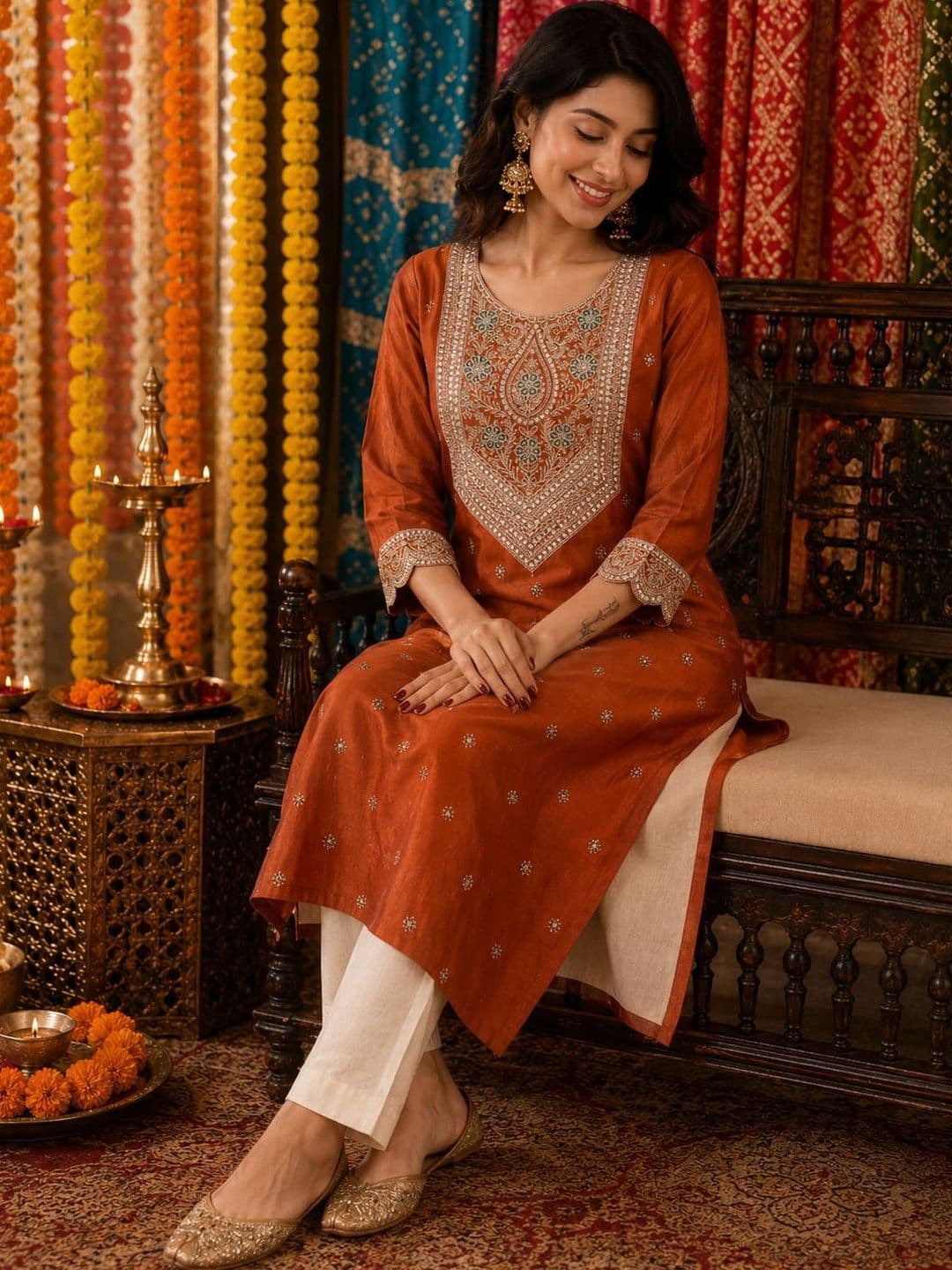 SHRI MAHAVEER RAJASTHANI SAREE Ethnic Motifs Embroidered Sequinned Sequinned Kurti - view 1