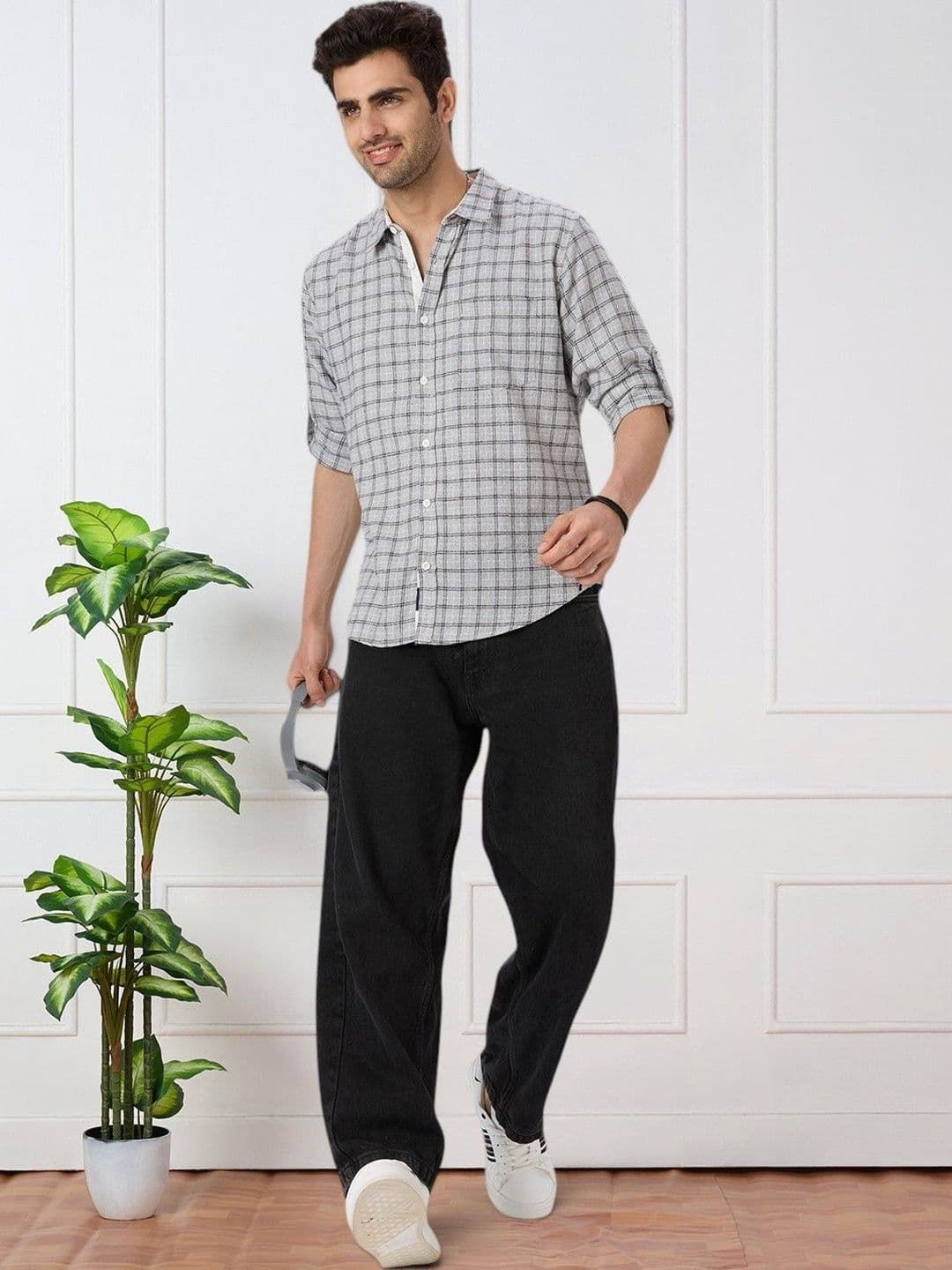 The Roadster Lifestyle Co Checked Pure Cotton Spread Collar Shirt - view 1