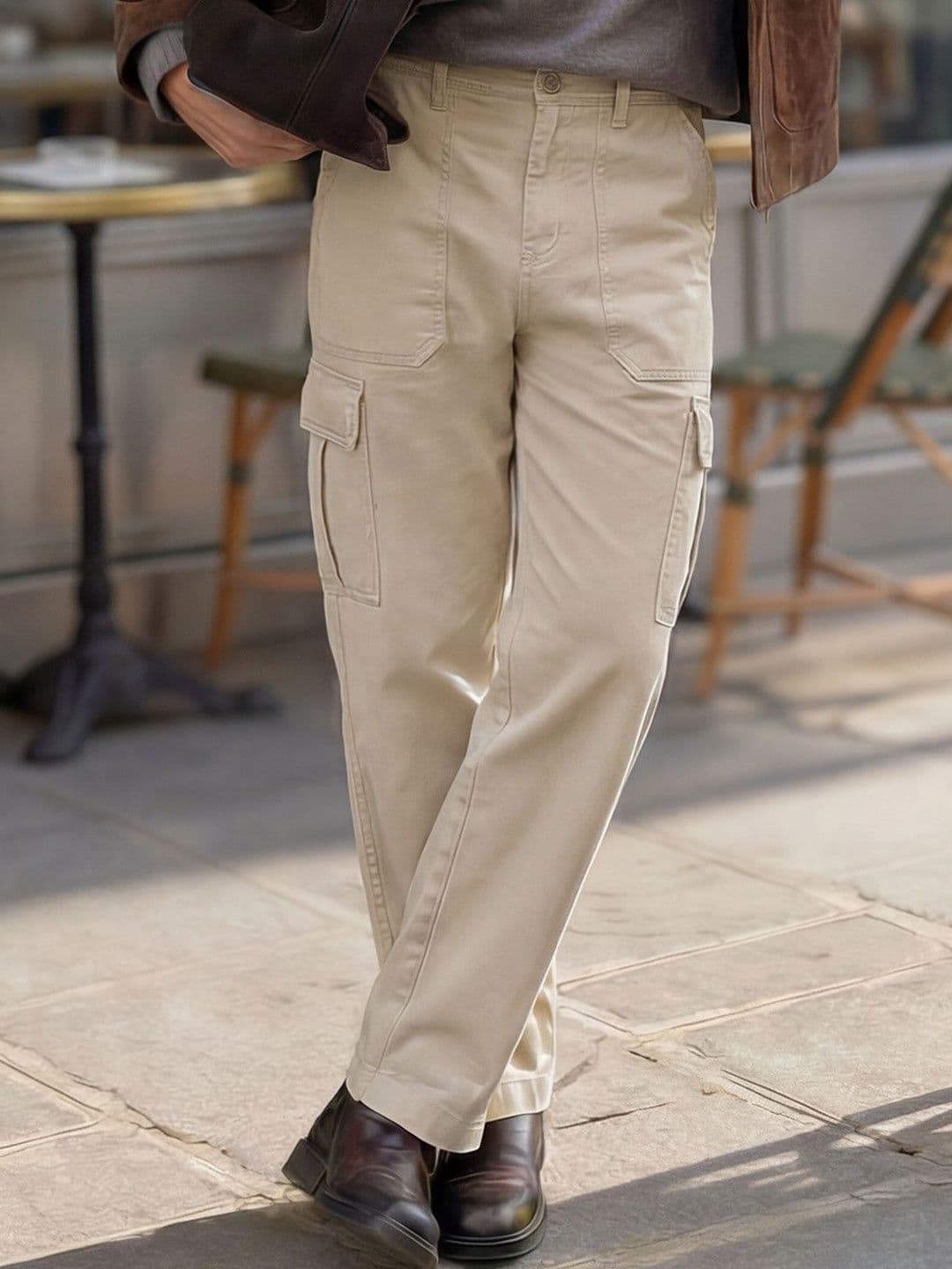 The Souled Store Men Beige Solid Cottonblend Straight Fit Cargo Jeans - view 1