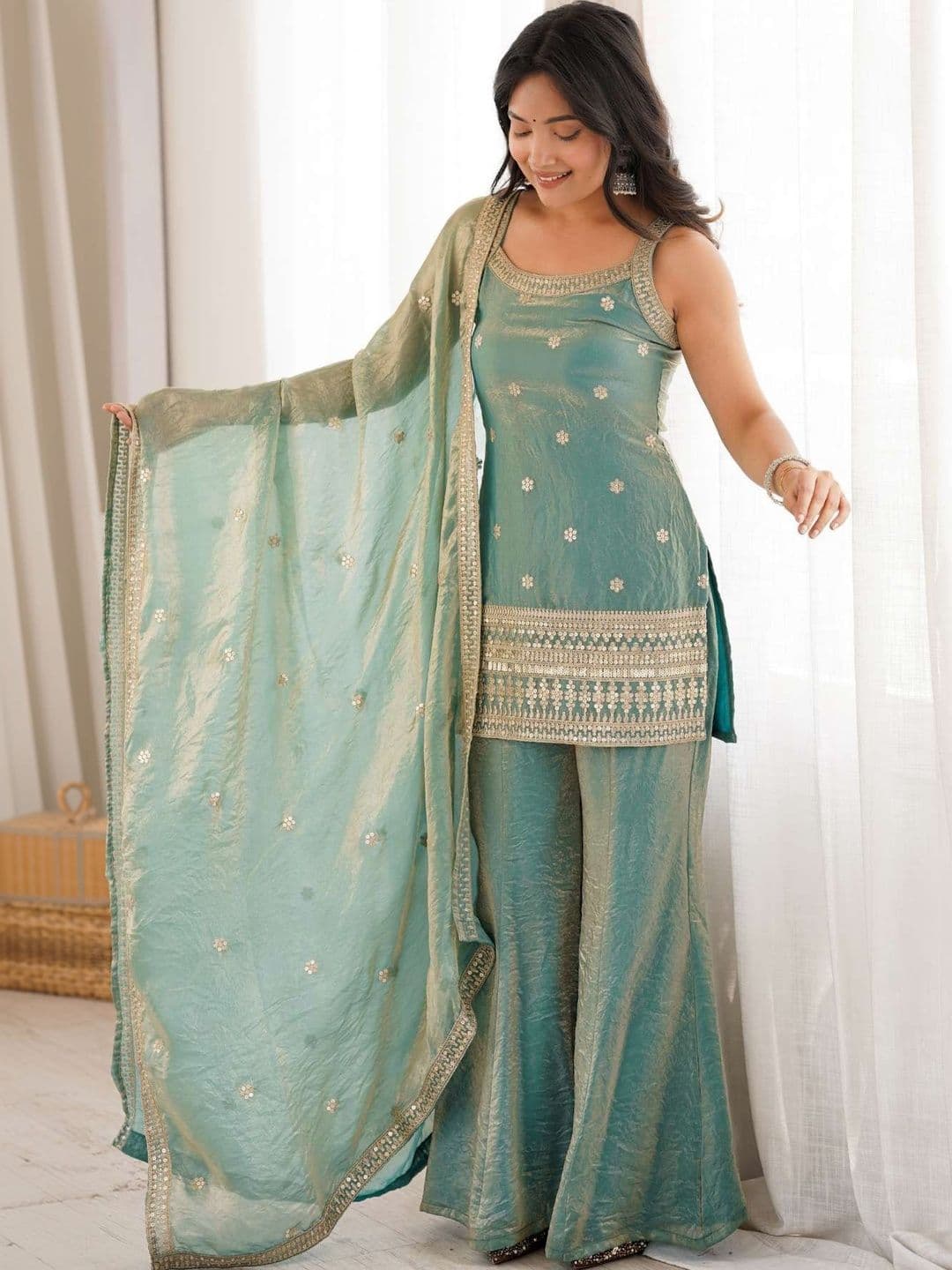 KEKIMI Women Ethnic Motifs Embroidered Regular Thread Work Kurta with Sharara & With Dupatta - view 1