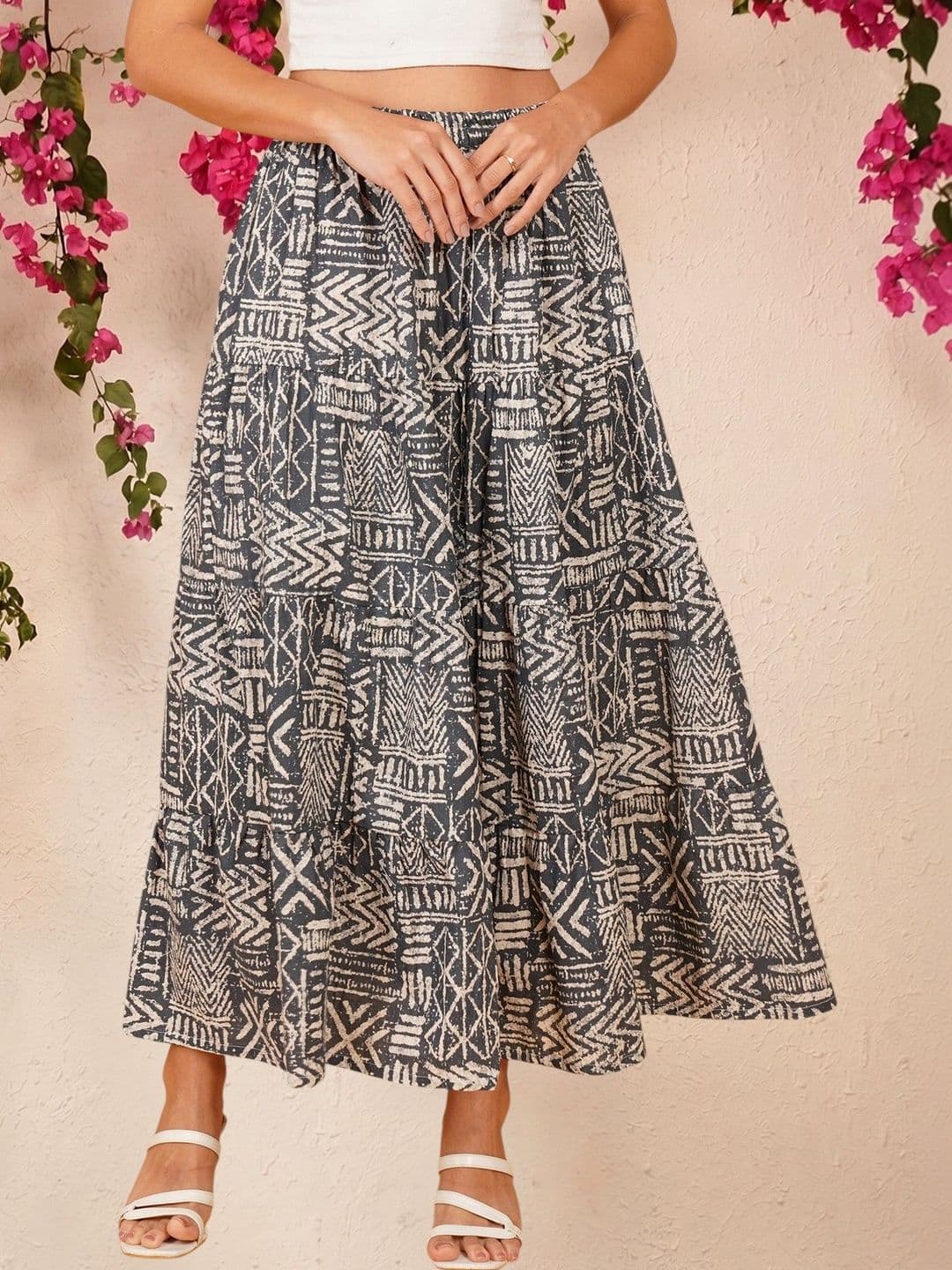 Ethic Glance Women Pure Cotton Geometric Maxi Tiered Skirt - view 1