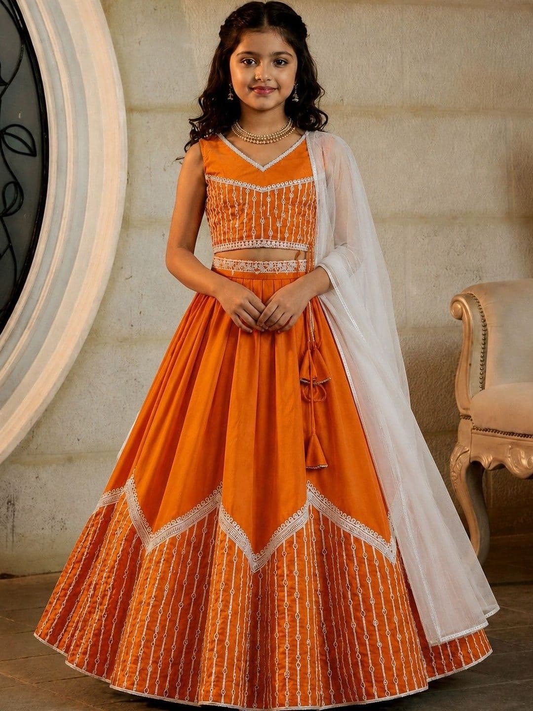 Helene Girls Embellished Mirror Work Ready to Wear Lehenga & Blouse With Dupatta - view 1