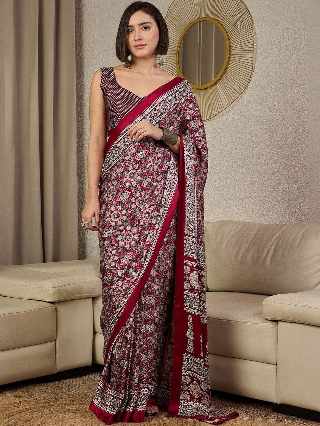Sangria Ajrak Printed Pure Crepe Block Print Ready to Wear Saree With Unstitched Blouse - view 1