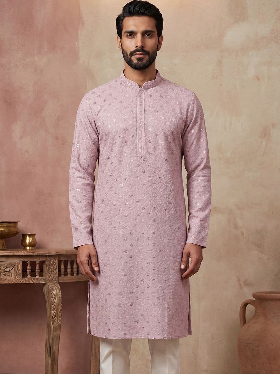 House of Pataudi Embroidered Mandarin Collar Knee Length Straight Kurta - view 1